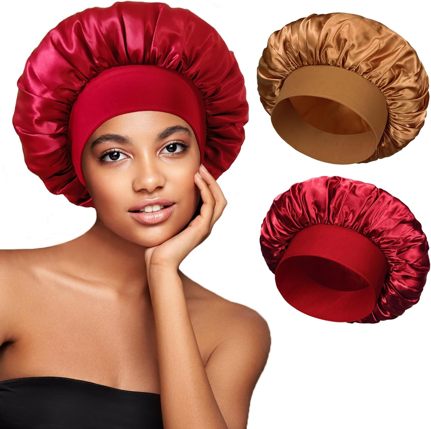 2Pcs Satin Bonnets for Women, Silk Hair Bonnet for Sleeping, Wide Soft Band Large Silky Sleep Cap for Curly Hair Braids