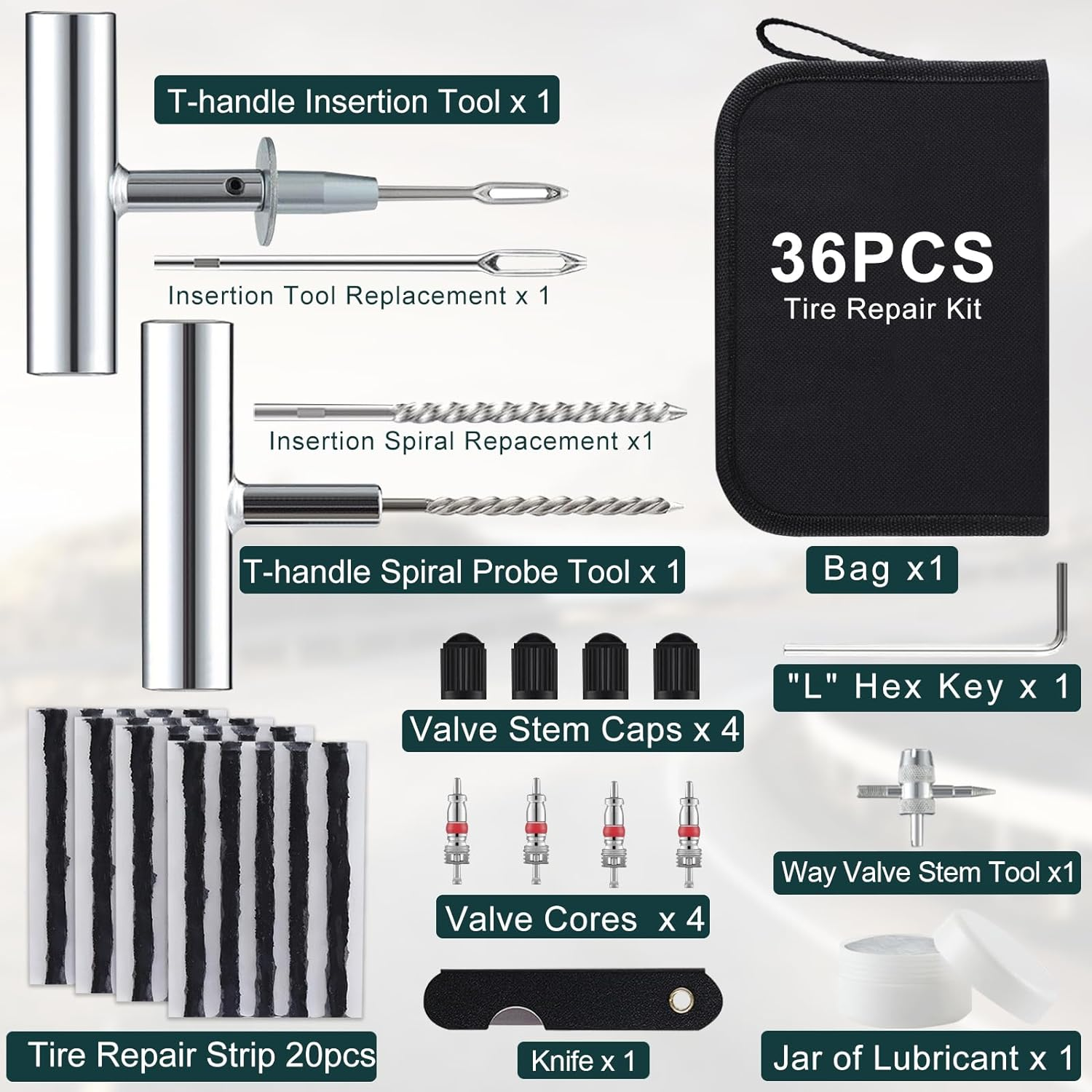 Universal Tire Repair Kit, 37PCS Tire Repair Tools, Heavy Duty Car Emergency Tool Kit for Flat Tire Puncture Repair, Tire Plug Kit Fit for Car, Motorcycle, Jeep, RV, ATV, SUV, Truck, Lawn Mower, Etc. image number 2