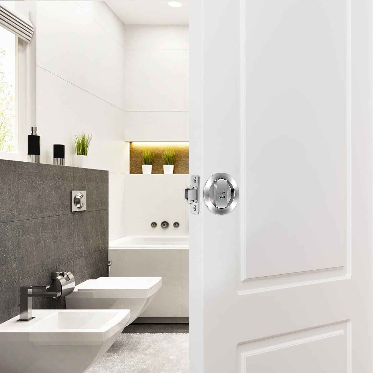 Round Pocket Door Lock Set Thickened Zinc Alloy Sliding Pocket Door Lock Hardware Kit Brushed Silver Pocket Doors Latch for Bathroom Sliding Doors (Ritz Silver (Round Double Hook)) image number 2