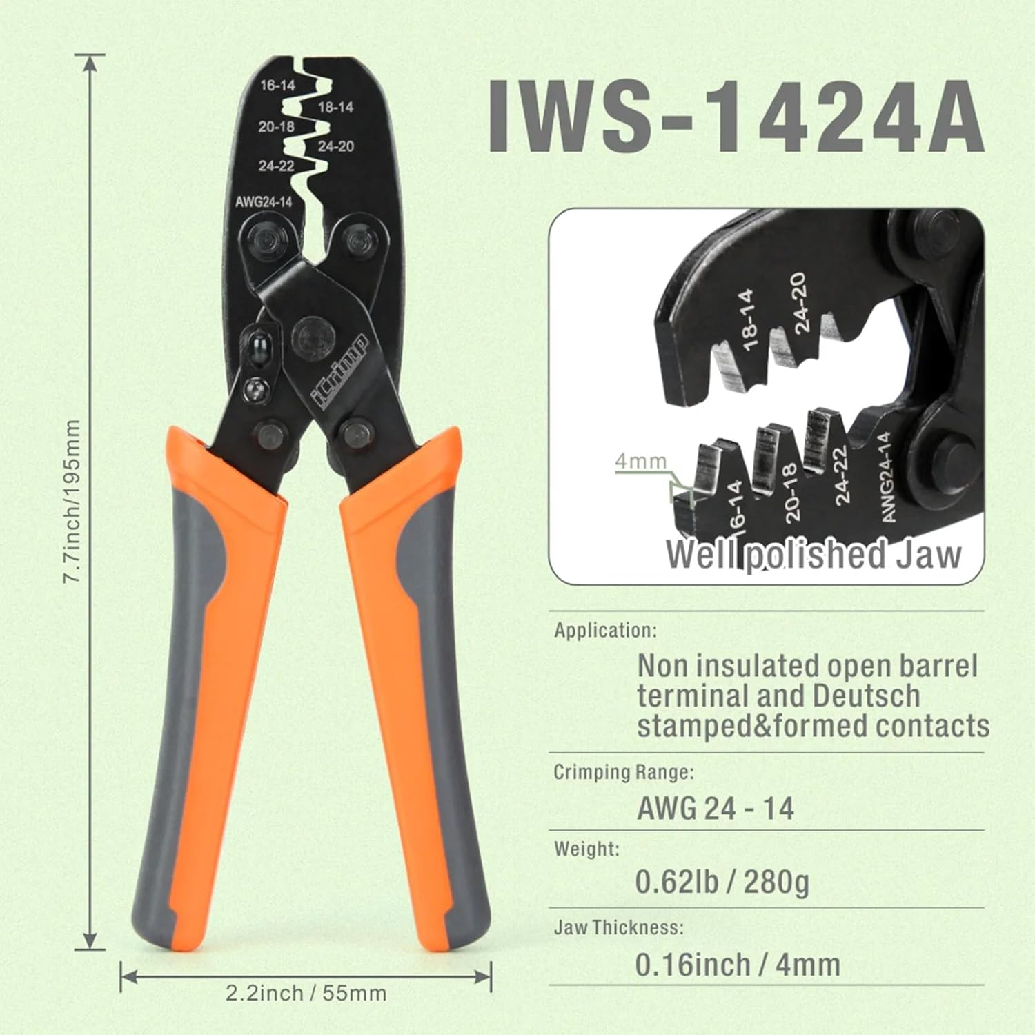 (IWS-1424A) - IWISS Non Insulated Open Barrel Terminal Crimp Tool - Wire Crimper for Molex, Delphi, Amp/Tyco, Harley, Pc/Computer, Automotive 24-14 AWG image number 3