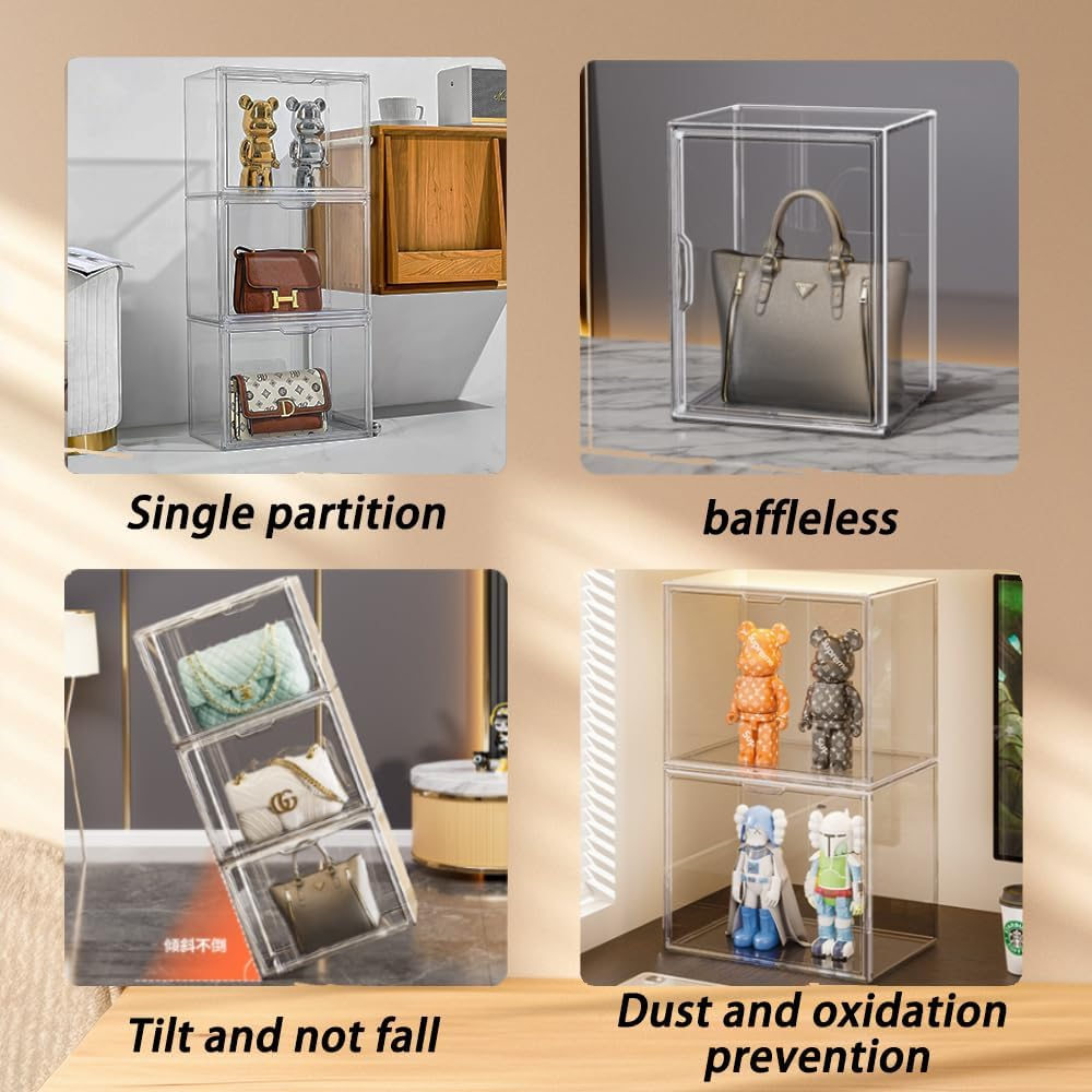 Acrylic Display Case for Collectibles, Stackable Clear Acrylic Display Box, Handbag Storage with Movable Panels for Figure,Toys, Sports Memorabilia, Handbag Organizer, Books image number 4