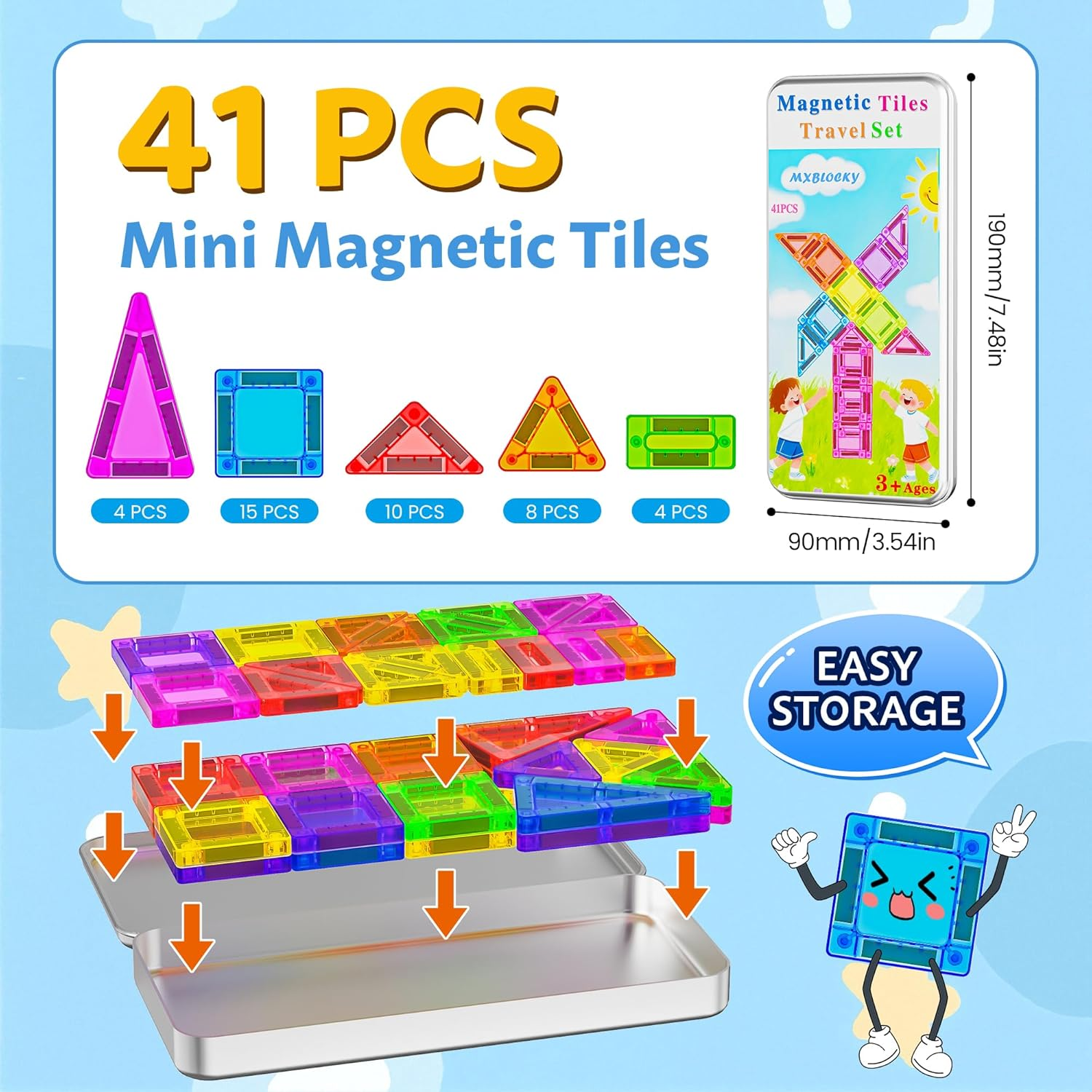 41PCS Travel Magnetic Tiles for Kids Ages 3-5 4-8 with Iron Box Magnet Mini Building Block Kids Plane Toys for 3 4 5 6 7+Year Old Boy Girl Toddler Preschool STEM Construction Christmas Birthday Gifts image number 4
