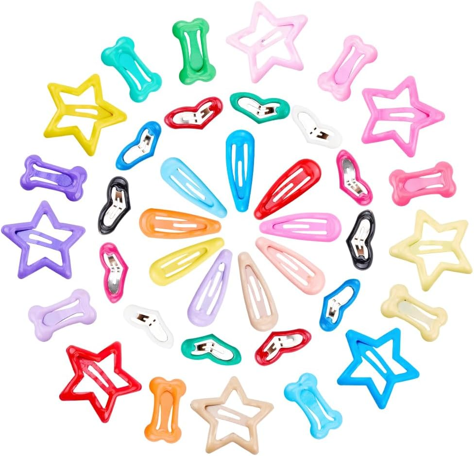 SOFPLATE 80Pcs 4 Styles Small Star Hair Clips Colorful Hair Snap Clips Aesthetic Assorted Steel Heart Teardrop Bone Pet Grooming Metal Hairpins Barrettes for Short Long Hairstyle DIY Decor Accessories image number 5