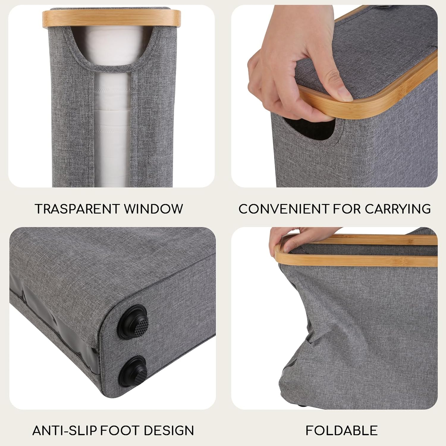 Toilet Paper Storage with Lid, Slim Toilet Paper Basket Holder Bin Container, Bamboo Bathroom Accessories Organizer Holder Stand, Hold up to 12 Regular Rolls or 9 Mega Rolls (Gray) image number 4