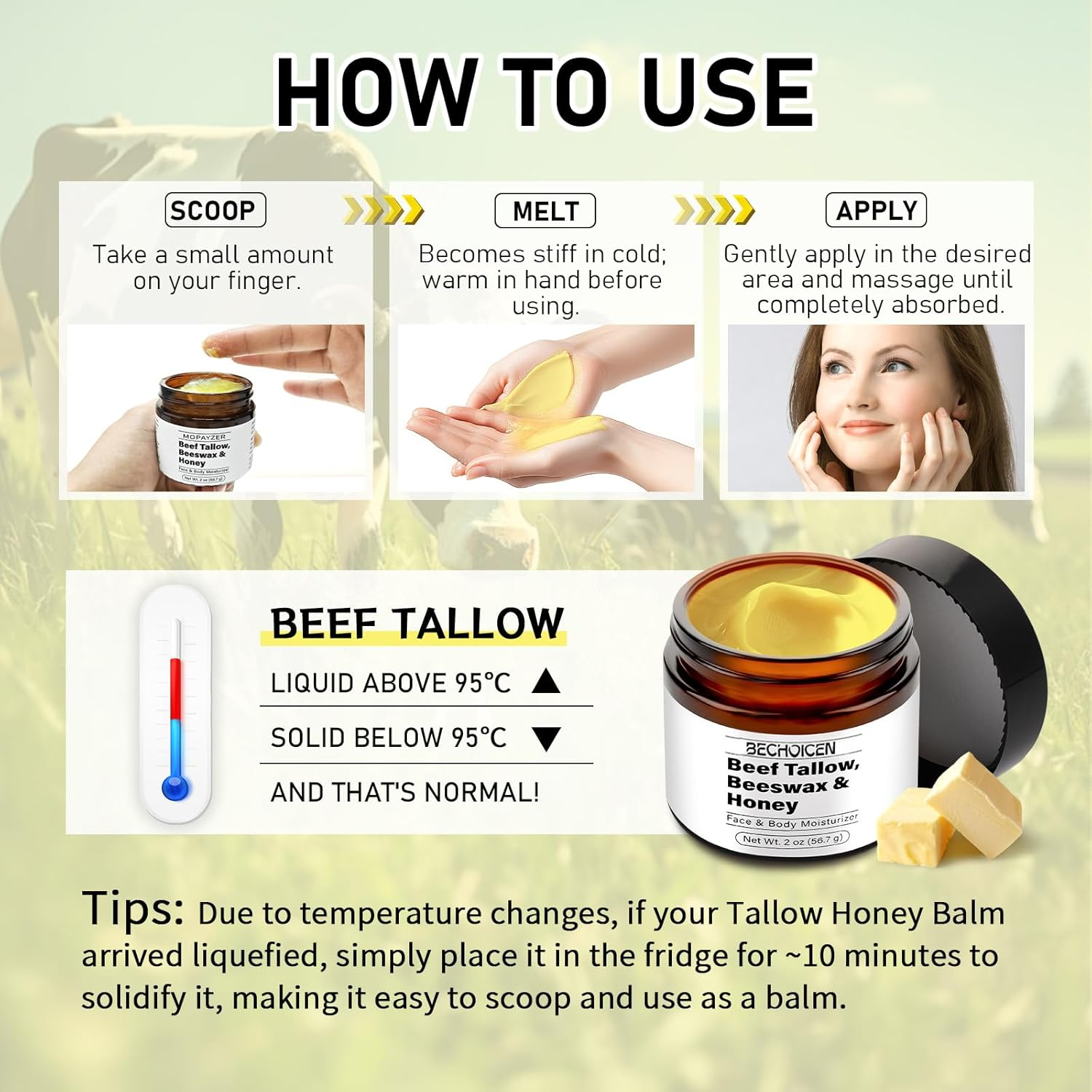 Beef Tallow and Honey Balm,Tallow Balm for Face & Body,Grass Fed Beef Tallow Moisturizer with Tallow,Beeswax & Honey,Moisturizes & Repairs Dry Skin,2 Oz image number 2