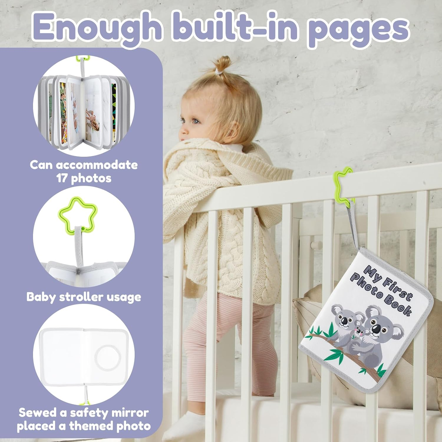 Djapwpx-Soft Cloth Photo Book, Cloth My First Photo Book, Free Illustration Baby Photo Album with Plastic Star Hook, inside Smooth Page First Year Memory Album, Safe Photo Album for Baby (Grey) - Blue image number 5