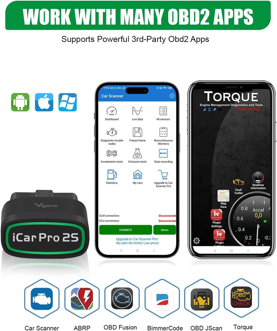V-Gate Icar Pro 2S Bluetooth 5.2 OBD2 Code Reader OBDII Fault Diagnostic Tool Compatible Car Adapter Check Engine for Ios, Android and Windows image number 1