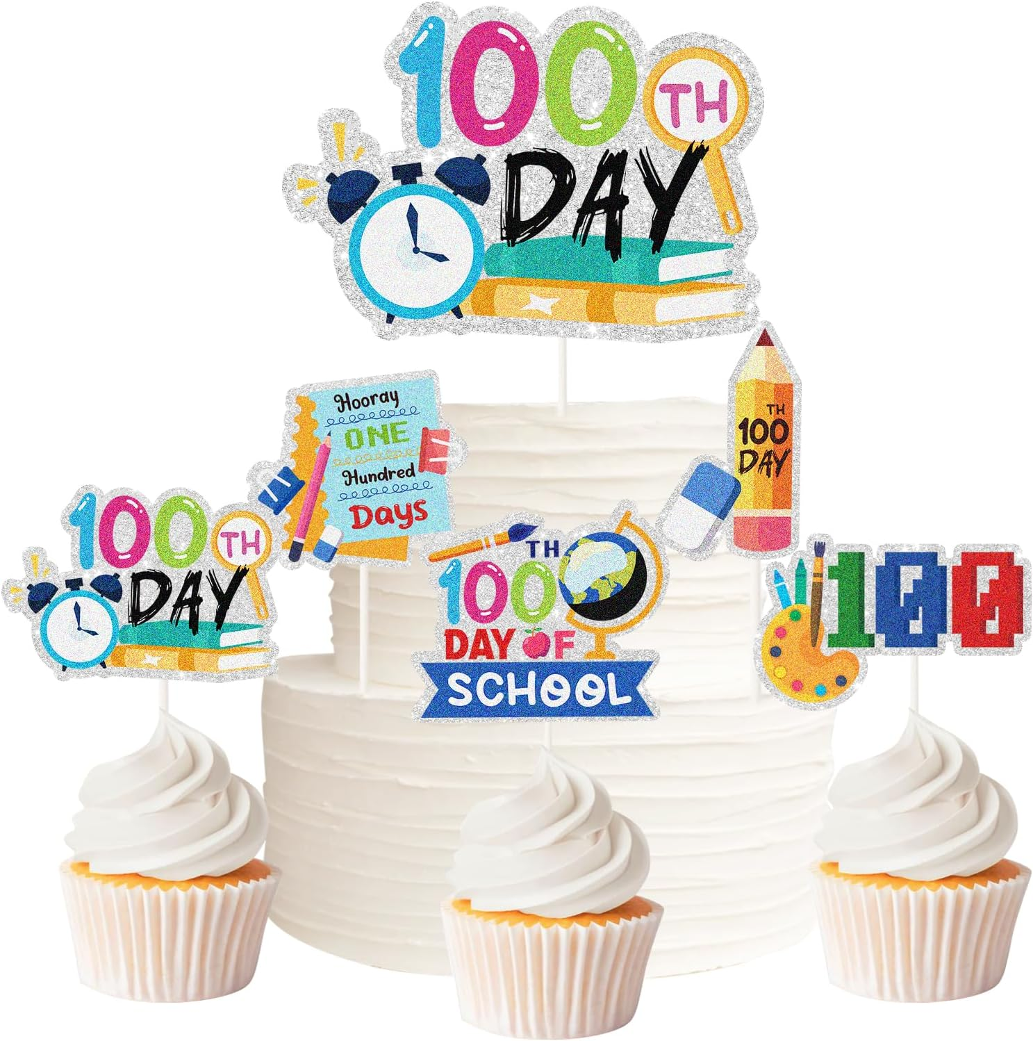 6Pcs 100 Days of School Cake Toppers - Happy 100 Days Cake Decor - Kids Kindergarten Preschool Primary High School Party Supplies image number 1