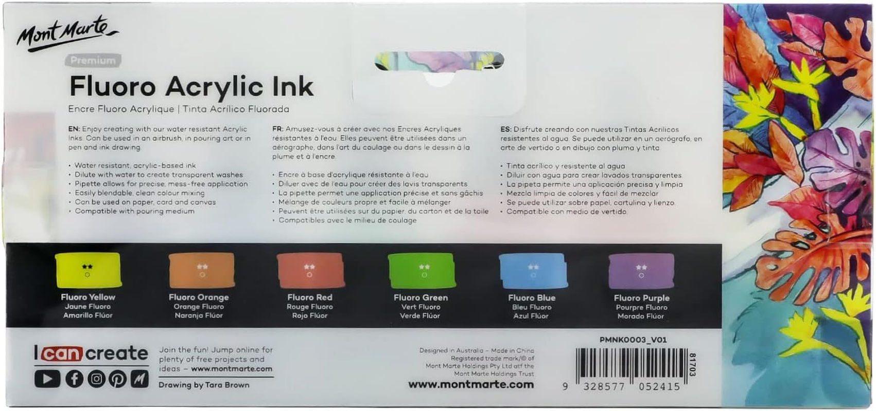 Mont Marte Fluoro Acrylic Ink 6-Pieces Set, 20 Ml image number 3