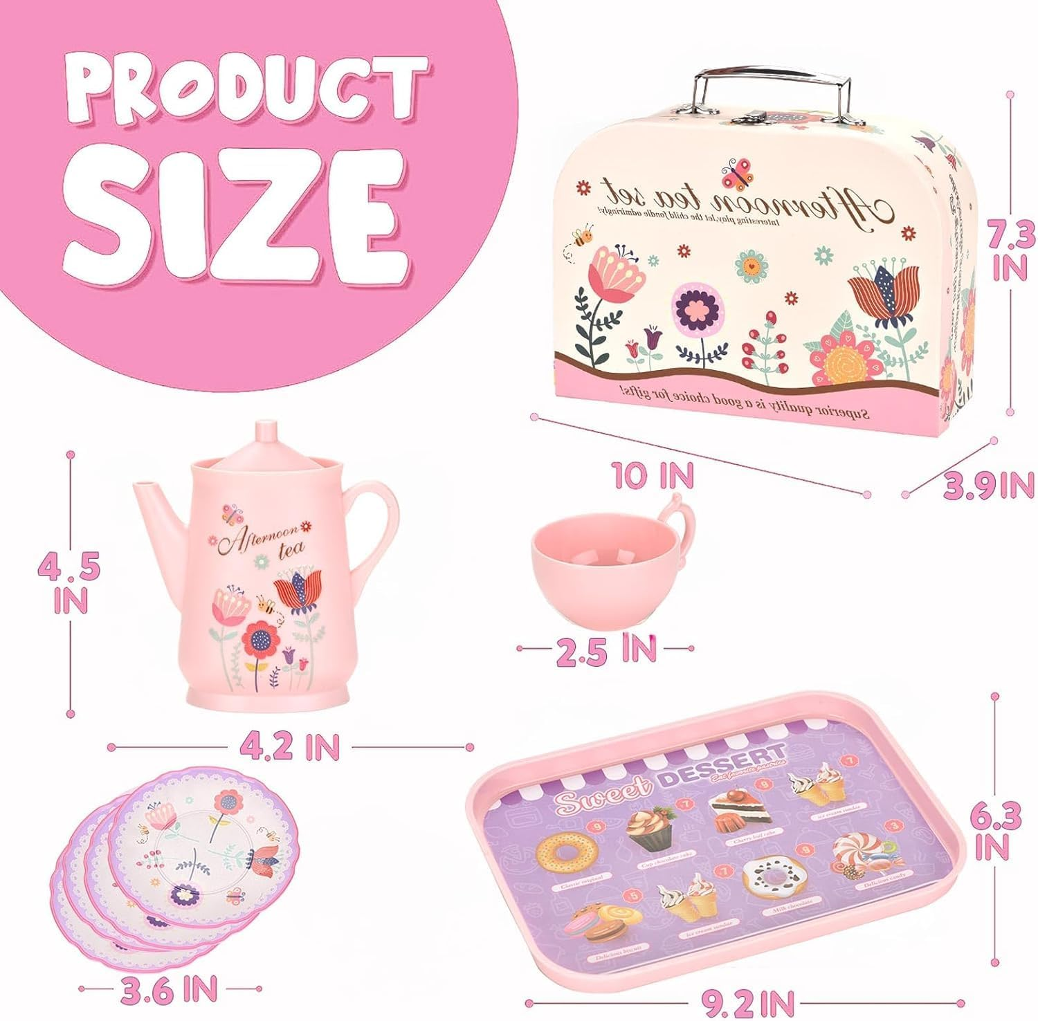 46Pcs Kids Tea Party Set for Little Girls, Princess Tea Time Toy for 3-8 Year Old Girls, Cute Princess Play Toddlers Tin Tea Set Birthday Toys Pretend Toys with Desserts, Flower Teapot, Carrying Case image number 4