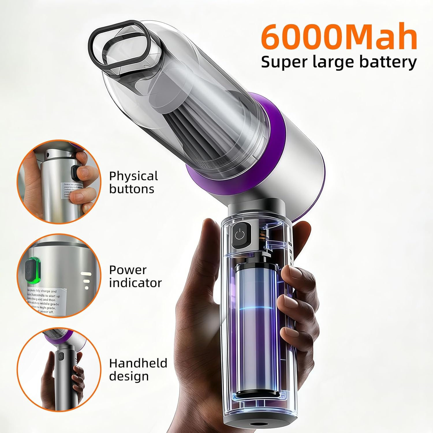 Car Vacuum Cleaner Cordless, 16000Pa High Power Handheld Vacuum with Brushless Motor, 4-In-1 Mini Vacuum Rechargeable & Air Blower, Portable for Car Home Office Pet Cleaning, HEPA Filter image number 2