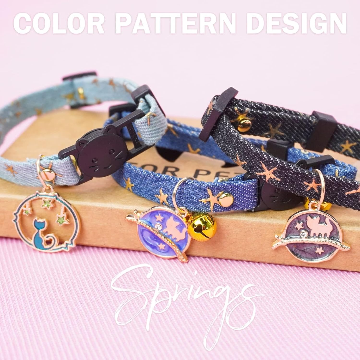 3 Pack Breakaway Cat Collars with Bell- Moon and Stars Pendant Cat Collar for Girl Boy Cats with Safety Buckle- Cute Kitten Collar Adjustable 8"-12" for Kitty Puppy Small Pets image number 5