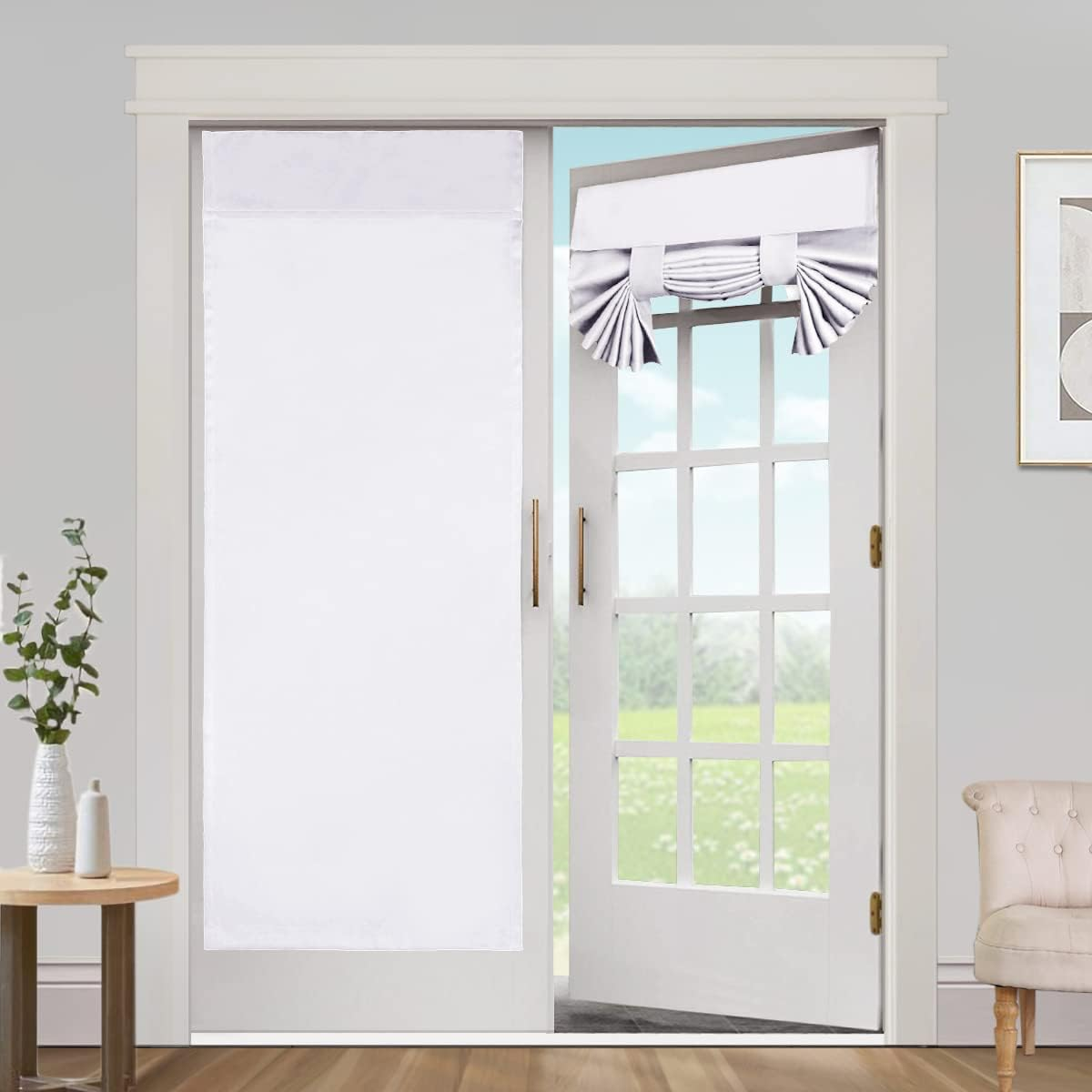 Blackout Curtains for French Doors - Thermal Insulated Tricia Door Window Curtain for Patio Door, Self Stick Tie up Shade Energy Efficient Double Door Blind, 26 X 68 Inches, 1 Panel, Greyish White