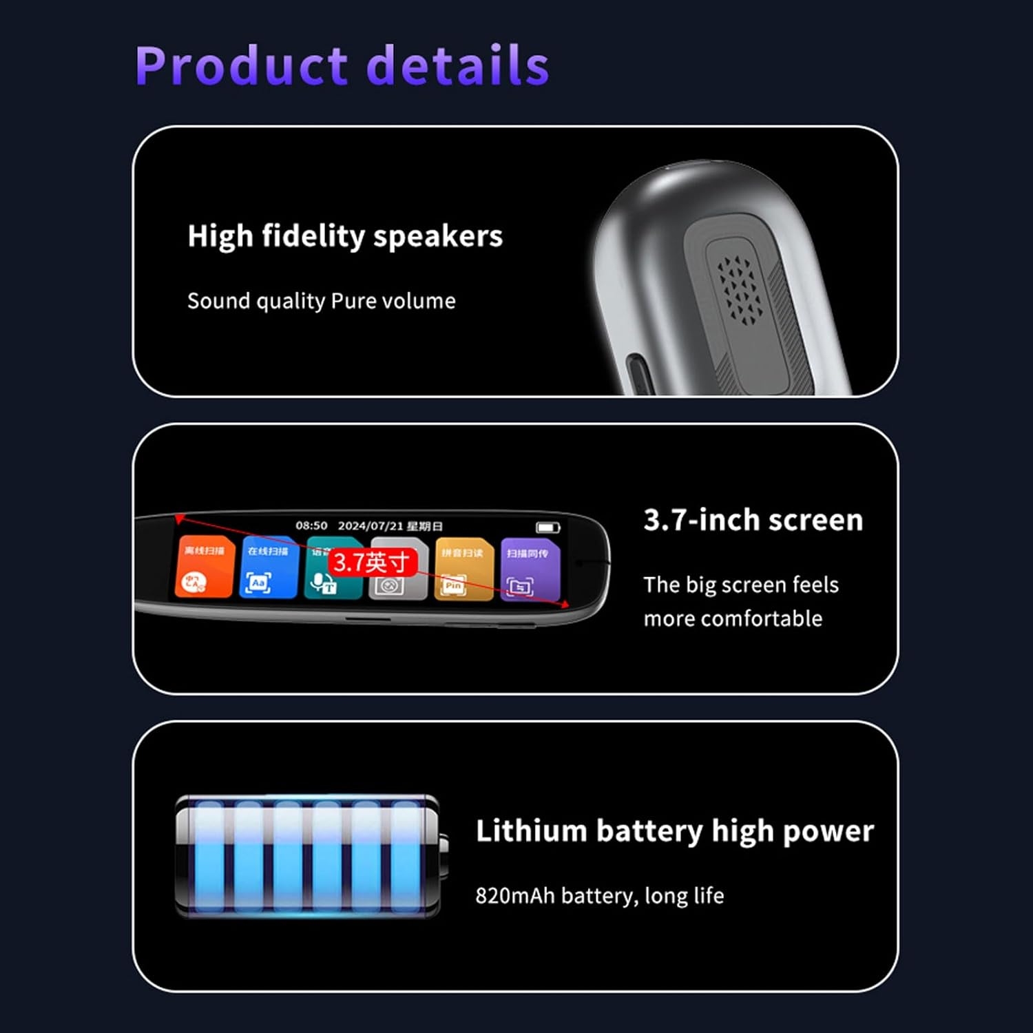 Scan Reading Pen, OCR Translation Pen Scanner, 142 Languages Translator Device with 3.7 Touch Screen, Wifi Reading Pen for Dyslexia, Two-Way Voice Translator Pen for Travel image number 3