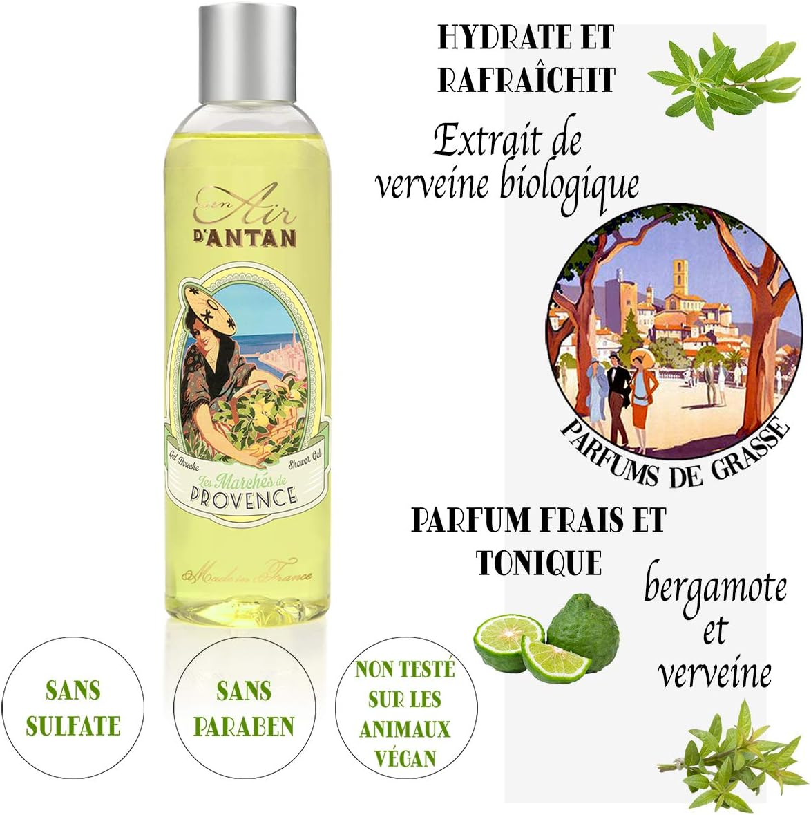 Set Premium Provence French Vintage Shower Gel Pack of 2X250Ml - Blend of Organic Verbena, Bergamot and Lemon. Un Air D'Antan Exclusive Fresh Invigorating Perfume - Moisturising and Revitalising Paraben-Free Formula, Vegan Suitable. for Men and Women. .. image number 2