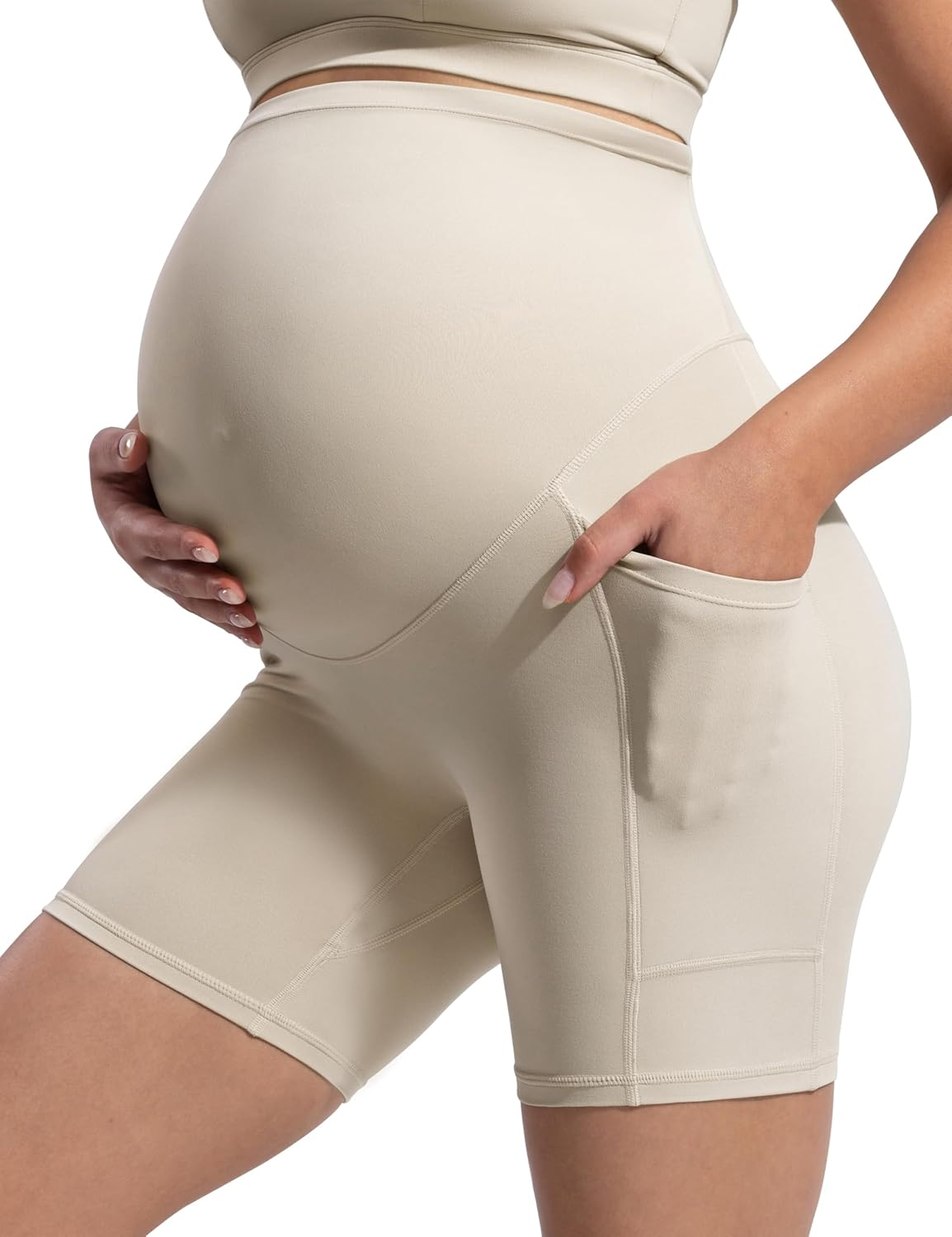 POSHDIVAH Women'S Creamluxe Maternity Biker Shorts over the Belly with Pockets - 6"/8" Summer Pregnancy Yoga Workout Short image number 5