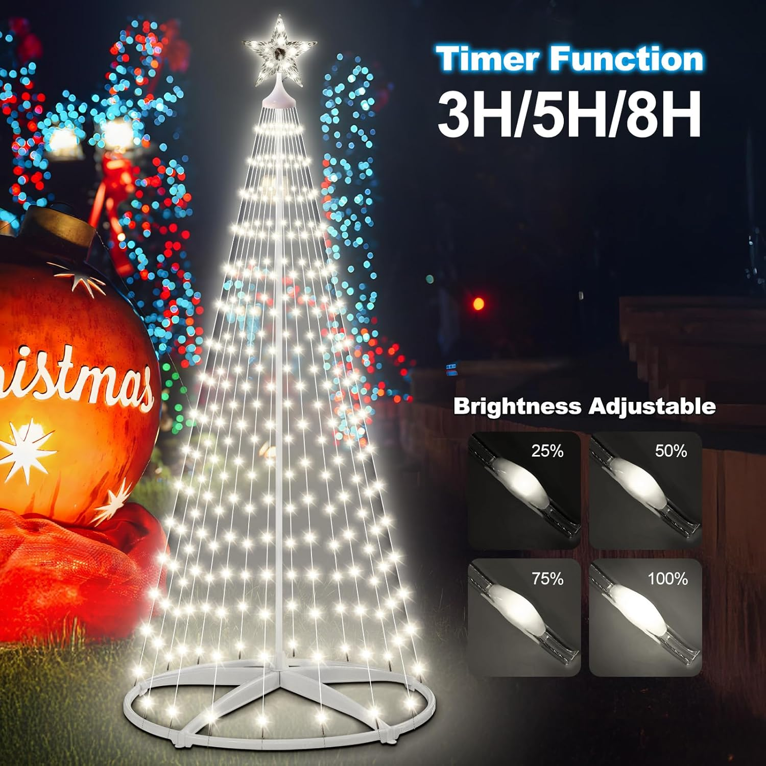 HELESIN Christmas Tree String Light, 1.8M 250 LED Cold White Christmas Decorations Outdoor, Christmas Lights with 8 Flash Modes for Porch Yard Patio Outdoor Xmas Holiday Christmas Decor image number 6