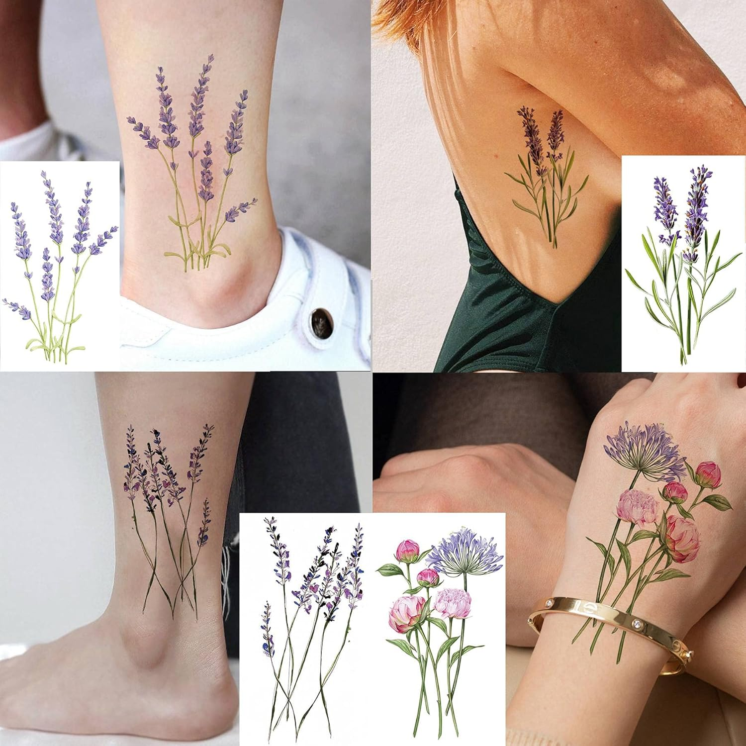 COKTAK 12Pieces/Lot 3D Watercolor Lavender Flower Temporary Tattoos for Women Body Art Arm Fake Flora Adults Tattoo Sheet Sticker Waterproof Girls Tatoos Paper image number 1