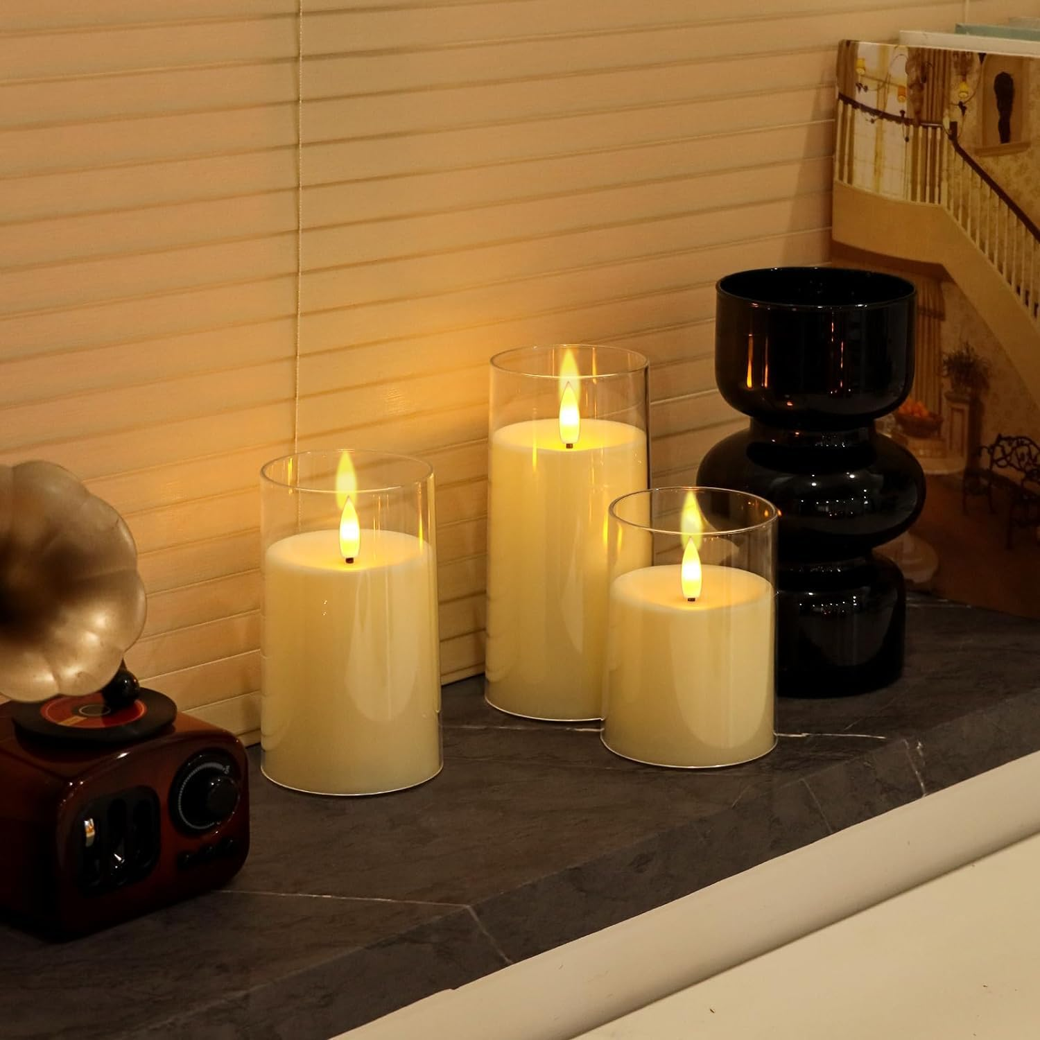 Clear Glass Flameless Candles Battery Operated with Timer, Remote Control, LED Pillar Candles Battery Powered, D3 H4 5" 6", Set of 3 (Ivory White) image number 2