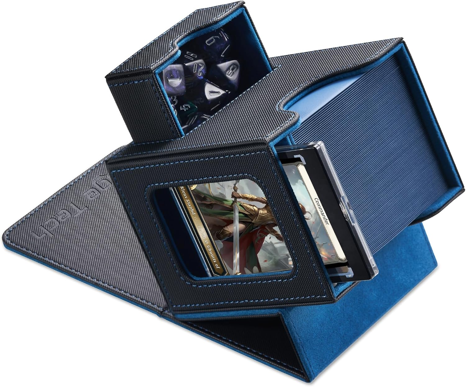 Mage Tech Card Deck Box for MTG Commander - Patented Design, Commander Display, Fits 100 Double-Sleeved Cards, 35Pt Card Brick & Dice Tray - Black/Blue