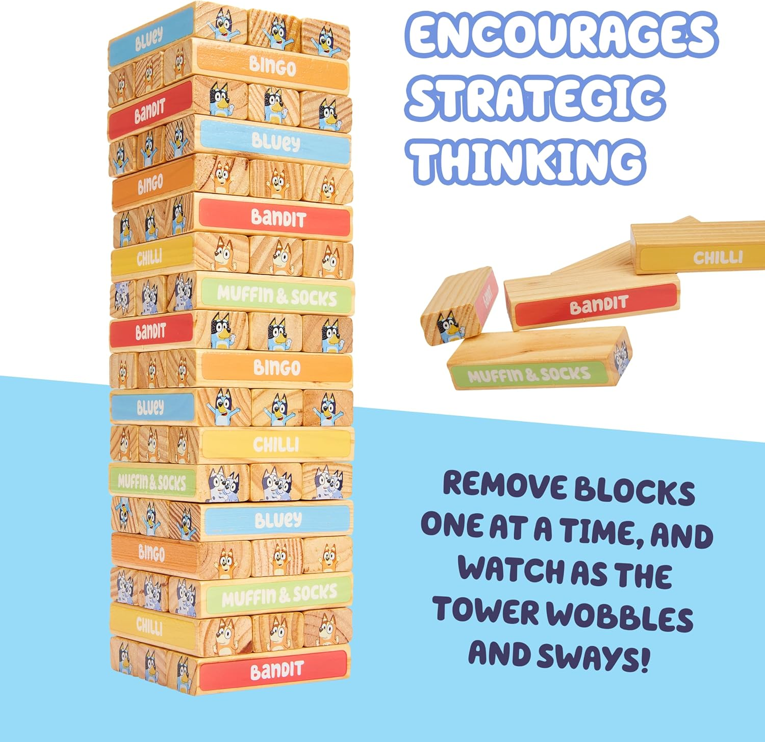 Bluey Wooden Tumbling Tower 54-Piece Activity Toy Playset image number 3