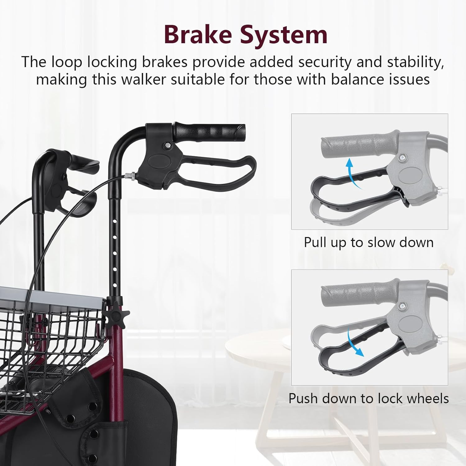 Altus Rolling Walker Mobility Aid Rollator with Bag Wire Basket and Tray Burgundy Red (3 Wheels Red) image number 6
