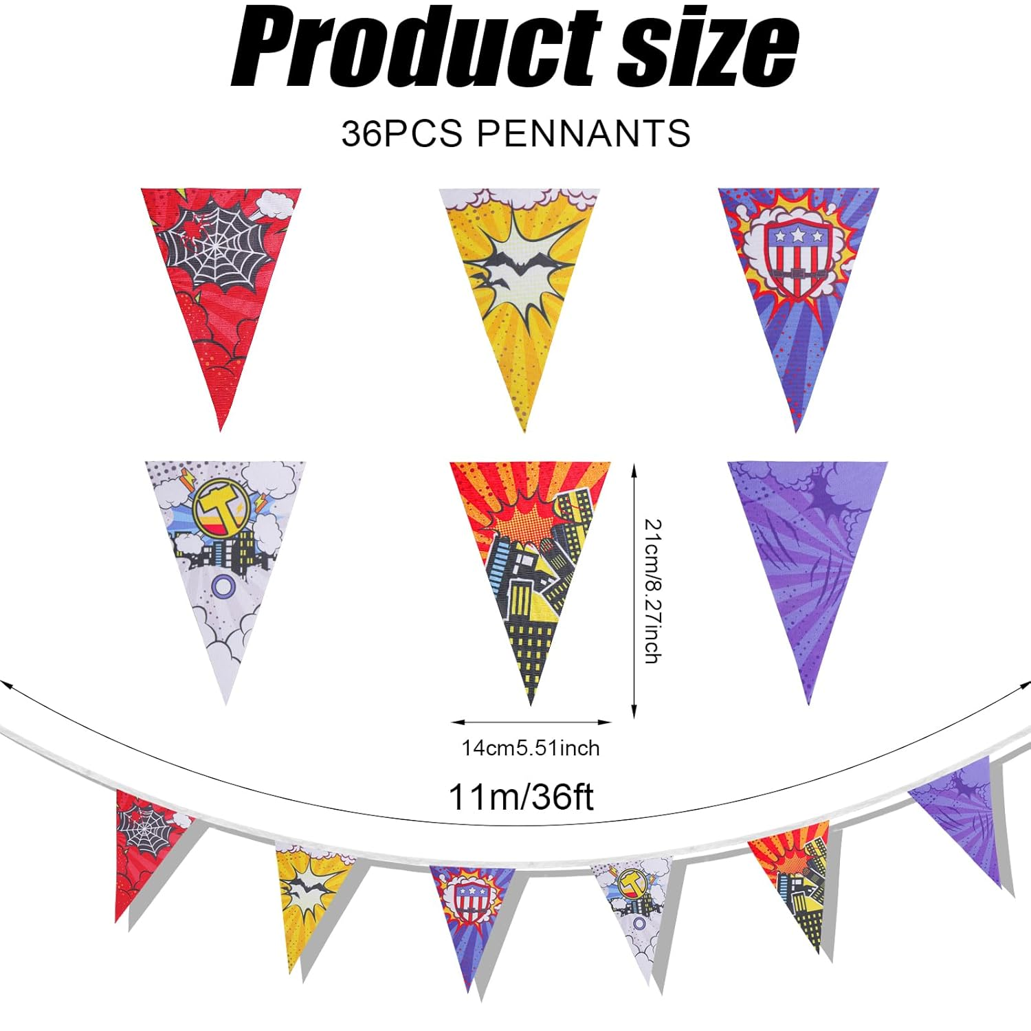 36 Pcs Hero Triangle Banner, 11M/36Ft Colorful Hero Theme Pennant Banner Flags Cartoon Theme Party Decorations Hero Flag Backdrop for Kids Birthday Baby Shower Photo Decoration image number 2