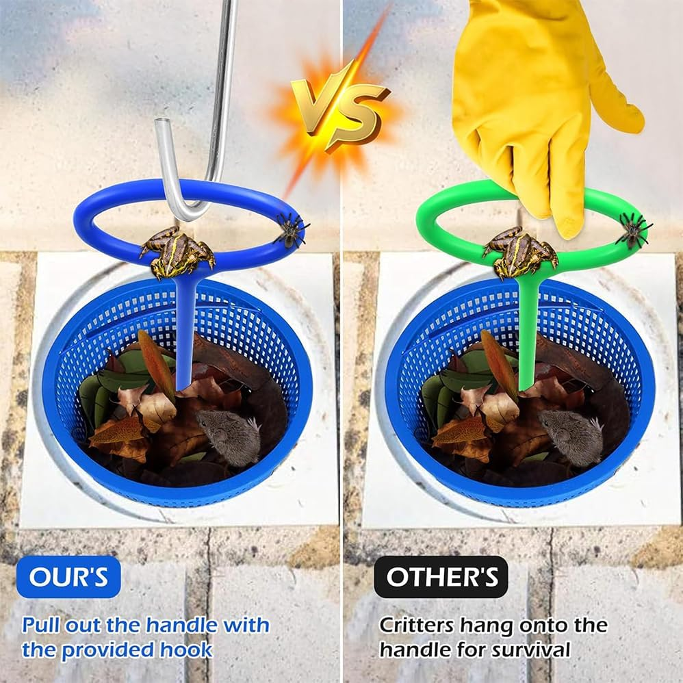 2 Silver Stainless Steel Hook & 2 Blue Skimmer Basket Handle for Inground Pool, Inground Swimming Basket Handle Cleaning Tool for Debris Removal,Keep Hands Clean and Safe Supplies