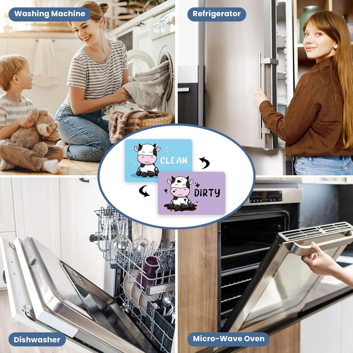 HSSPIRITZ Funny Cute Cow Cartoon Clean Dirty Dishwasher Magnet,Universal Kitchen Flip Sign Indicator,Refrigerator Dish Washer Laundry Accessories Decor Magnet for Mother'S Day (Cow)