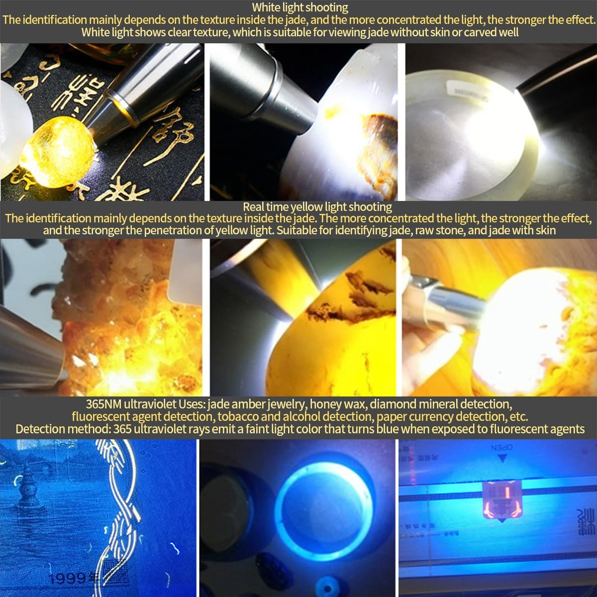 YZYOE LED Rechargeable Three Light Source Jade and Jewellery Rating Torch, 365 NM Ultraviolet Gemstone Jade Beeswax Detector, White, Yellow and 365 Purple Light Torch image number 3