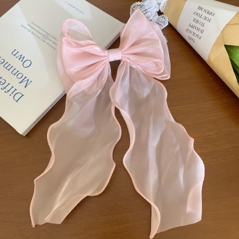 4Pcs Large Hair Bow Clips Set, White Pink Blue Purple Silk Yarn Ribbon Hair Barrettes for Women, Elegant Long Tail Bowknot French Hairstyle Accessories for Wedding, Parties, Festivals image number 1