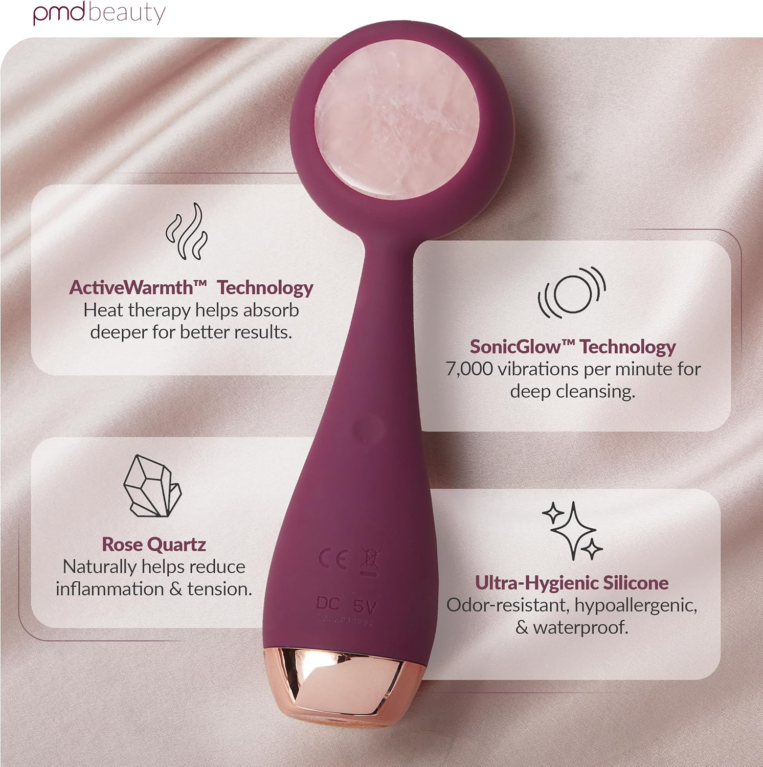 PMD Clean Pro RQ - Smart Facial Cleansing Device with Silicone Brush & Rose Quartz Gemstone Activewarmth Anti-Aging Massager - Waterproof - Sonicglow Vibration - Lift, Firm, and Tone Skin on Face and Body image number 6