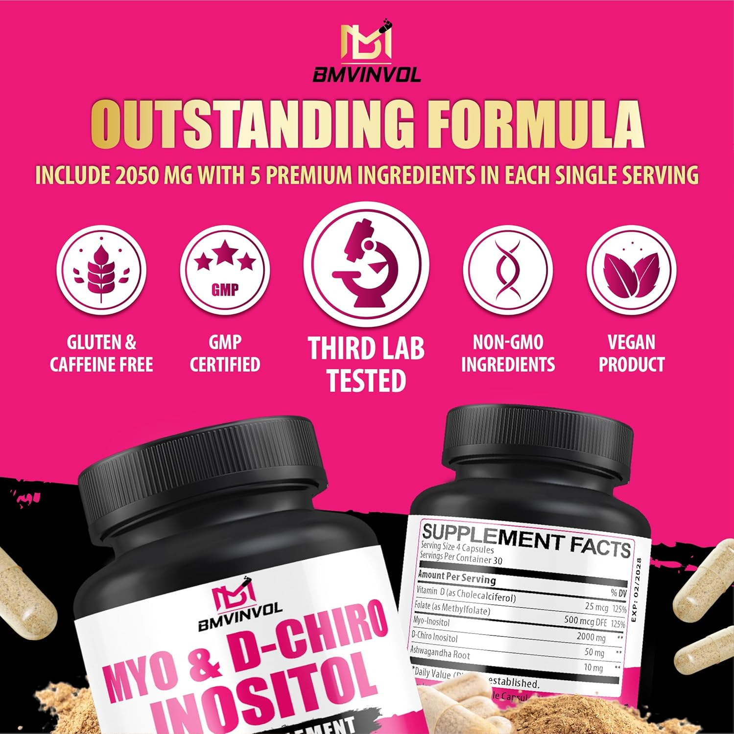 2,050Mg Myo-Inositol & D-Chiro Inositol Capsules with Folate, Vitamin D- Hormone Balance & Ovarian Support for Women - Ideal 40:1 Ratio - 120 Capsules image number 1