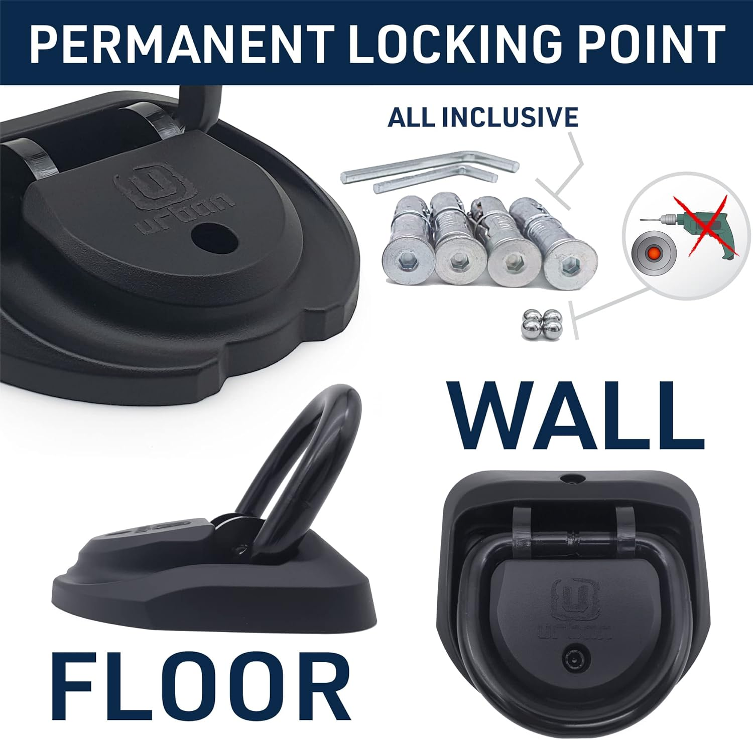 Urban UR55 Highest Tested Security Anchor for Motorcycle, Foldable &Oslash;14 Hardened Steel Ring, 4 Expansion Bolts, Anti-Theft Wall Ground Dloor Fixing for Garage, Trailer, Scooter, Bicycle Parking image number 4