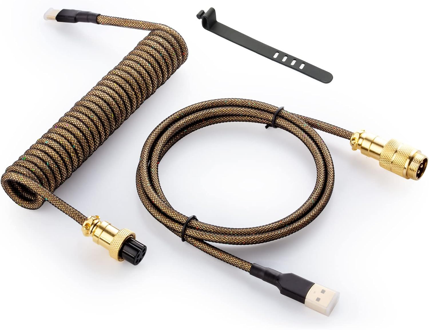 GUNMJO Starlight Coiled USB C Cable for Gaming Keyboard, Double-Sleeved Mechanical Keyboard Cable with Detachable Metal Aviator, 1.5M USB-C to USB-A, Black Color with Gold Aviator Connector