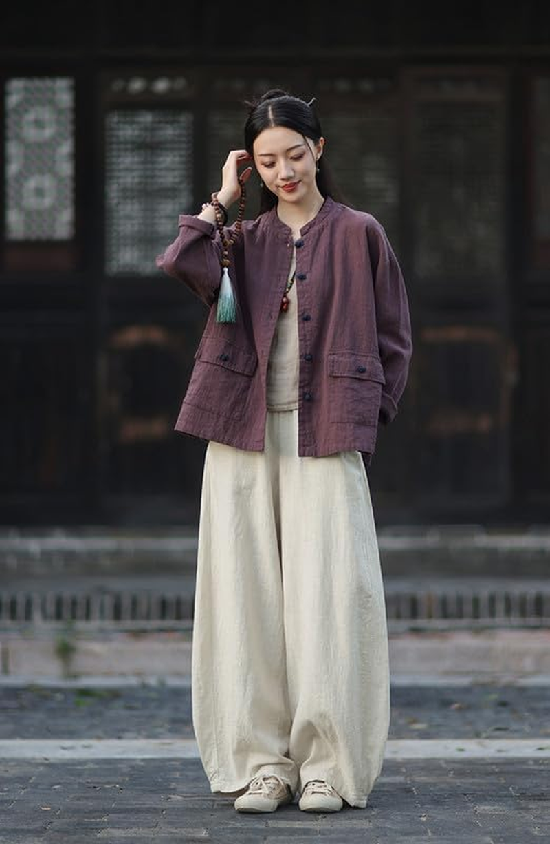 Women'S Vintage Linen Cotton Jacket Chinese Style Button-Down Cardigan Blouse Autumn - Yellow image number 5