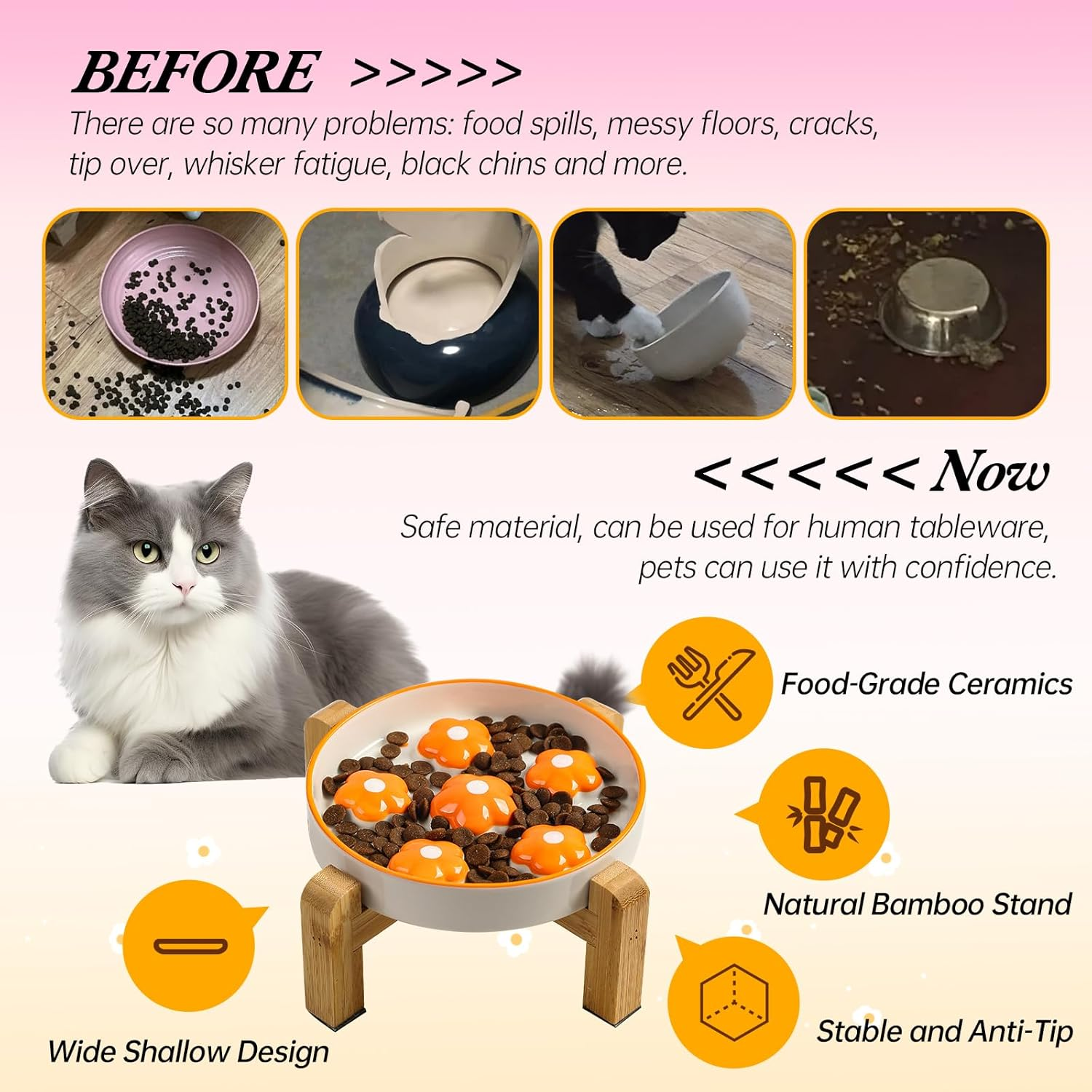 Elevated Slow Feeding Cat Bowl - Raised Anti-Slip Bamboo Stand - Colorful Maze Cat Dish - 6 OZ - Bright Orange Flower - Purple image number 6