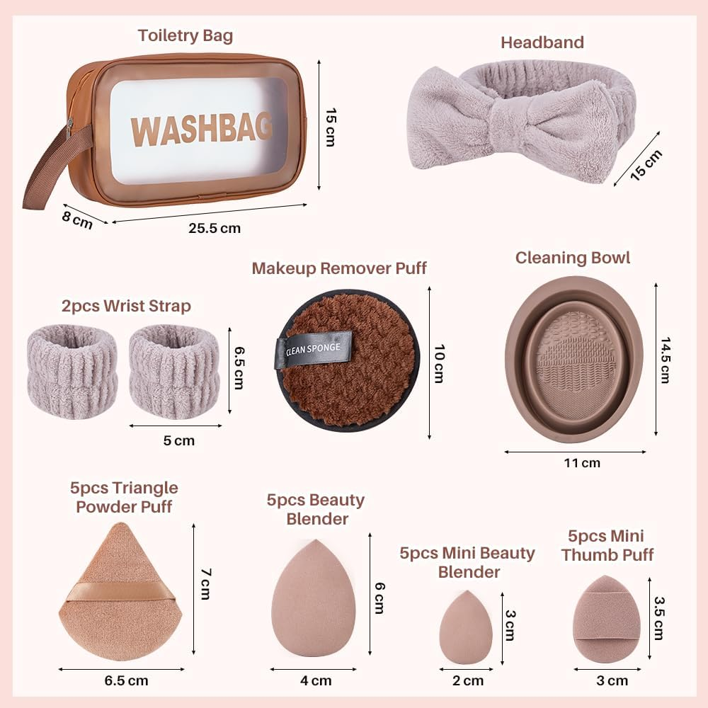 Slowton 56 PCS Makeup Brushes Set, Professional Makeup Kit with 30 Makeup Brushes, 10 Powder Puffs & 10 Sponges, Foundation Concealer Eyeshadow Brush Kit (Brown) image number 5