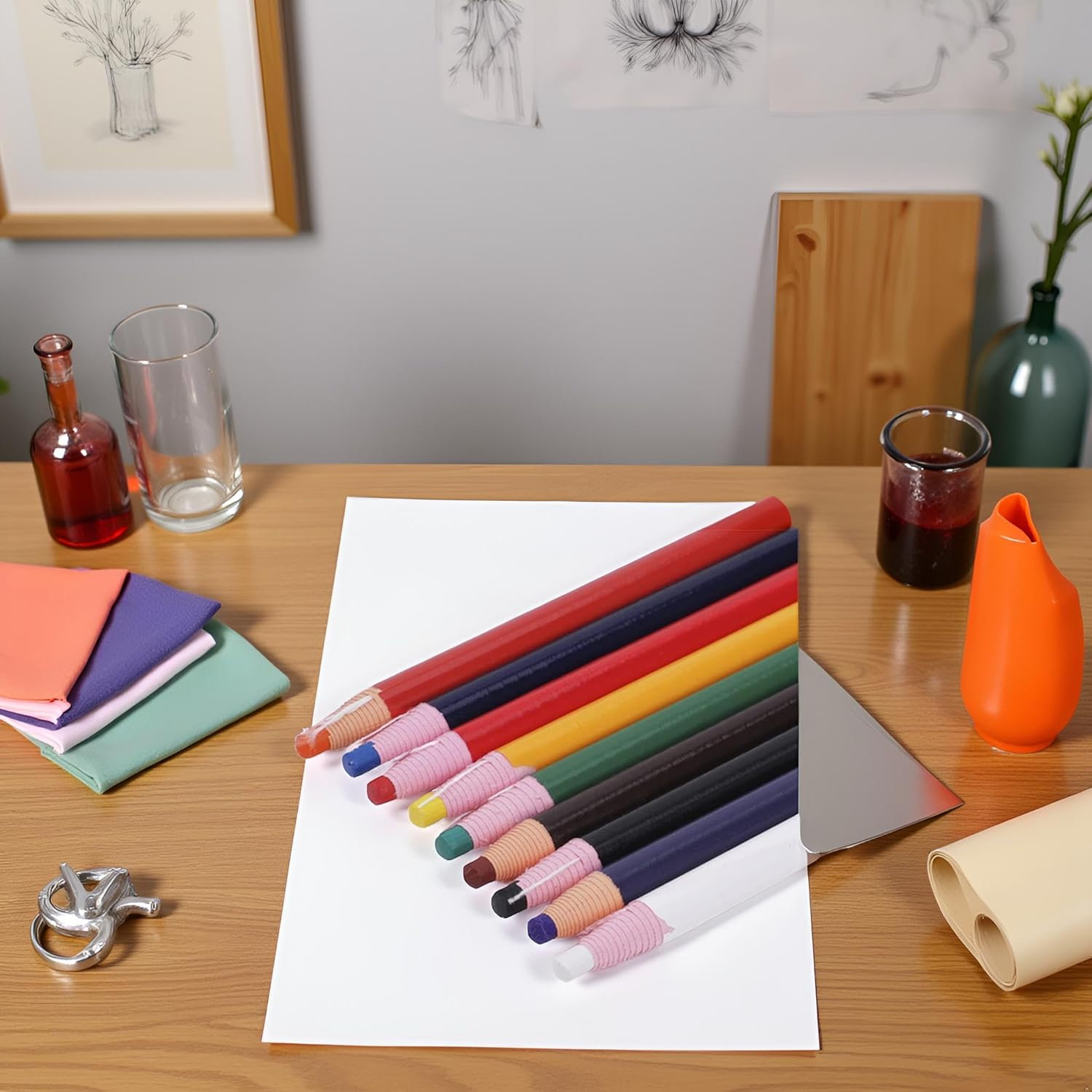 Ymhapp 9 Pieces Assorted Colors Peel off Porcelain Markers Grease Wax Pencils for Glass, Garments, Cellophane, Fabric, Wood, Metal, Art Painting Pens, Marking Pens, Paper Wrapped Painting Pen For image number 5