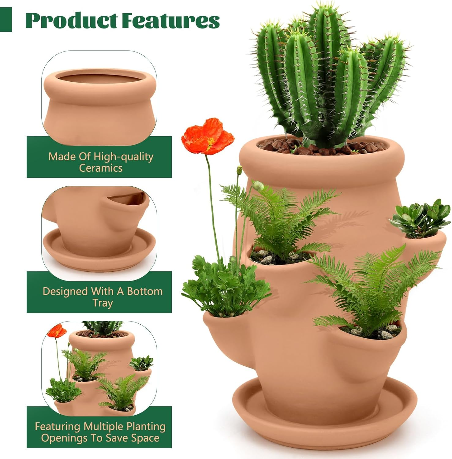 Strawberry Tower Pot Planter, Vertical Multi Pocket Ceramic, Terracotta Flowerpot Decorative Gardening Accessories, Strawberry Succulent Planter Tower for Outdoor Plants image number 3