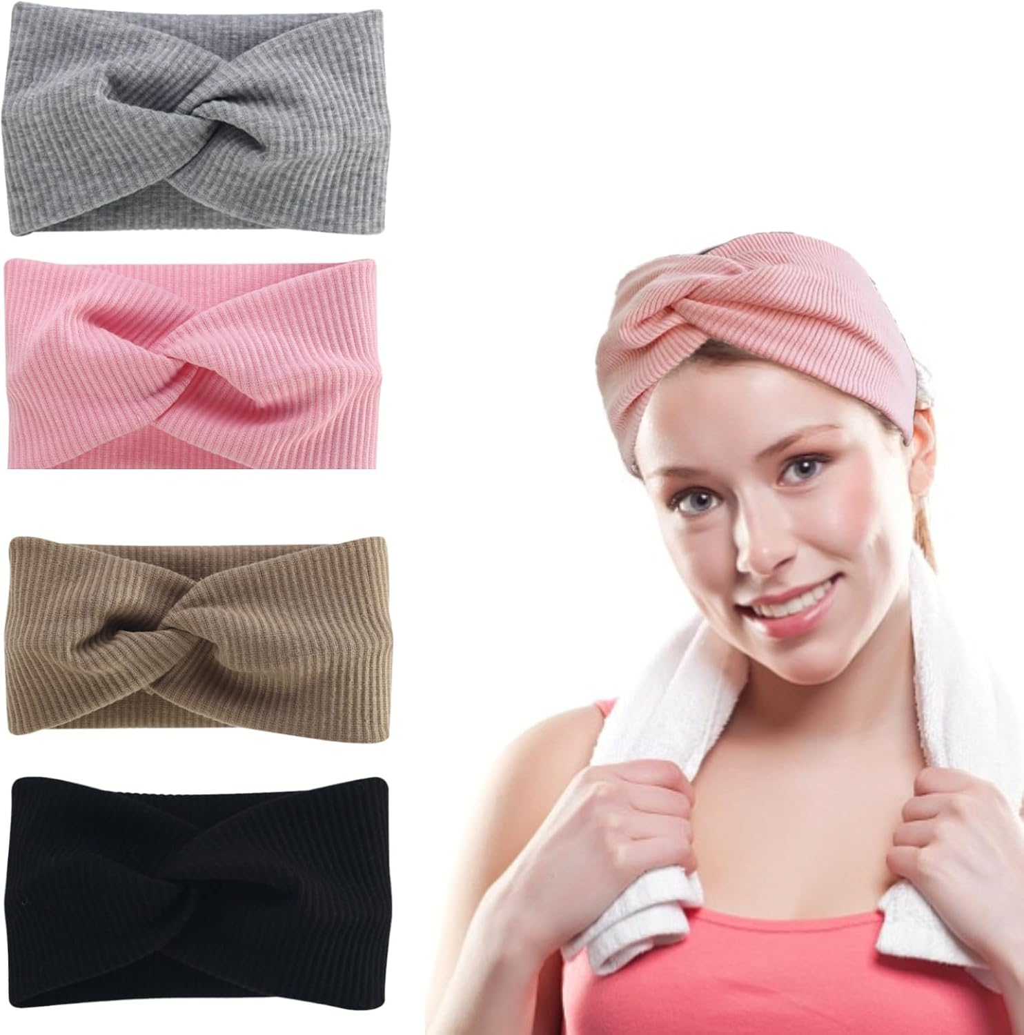 Pack of 4 Elastic Headbands, Women'S Wide Thin Headbands, Sweat-Absorbing, Knitted Cross Headscarf, Headband, Children, Girls, Spring Hair Accessories for Sports, Yoga, Running (Pink, Black, Khaki