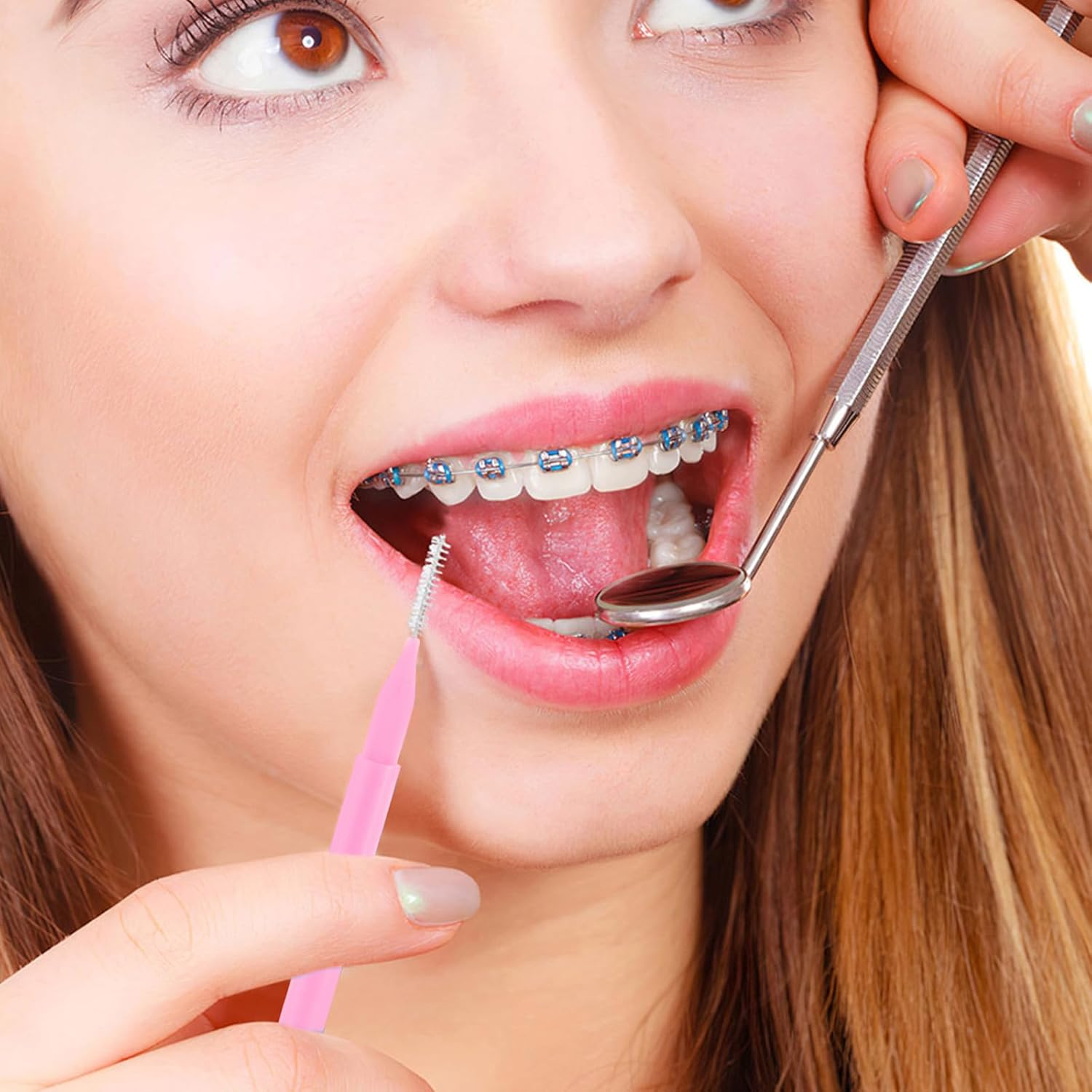 Abaodam 100Pcs Pink Interdental Brush Set for Braces Teeth Cleaning, Portable Toothpick Brush Picks for Orthodontic Care and Travel Oral Hygiene image number 5