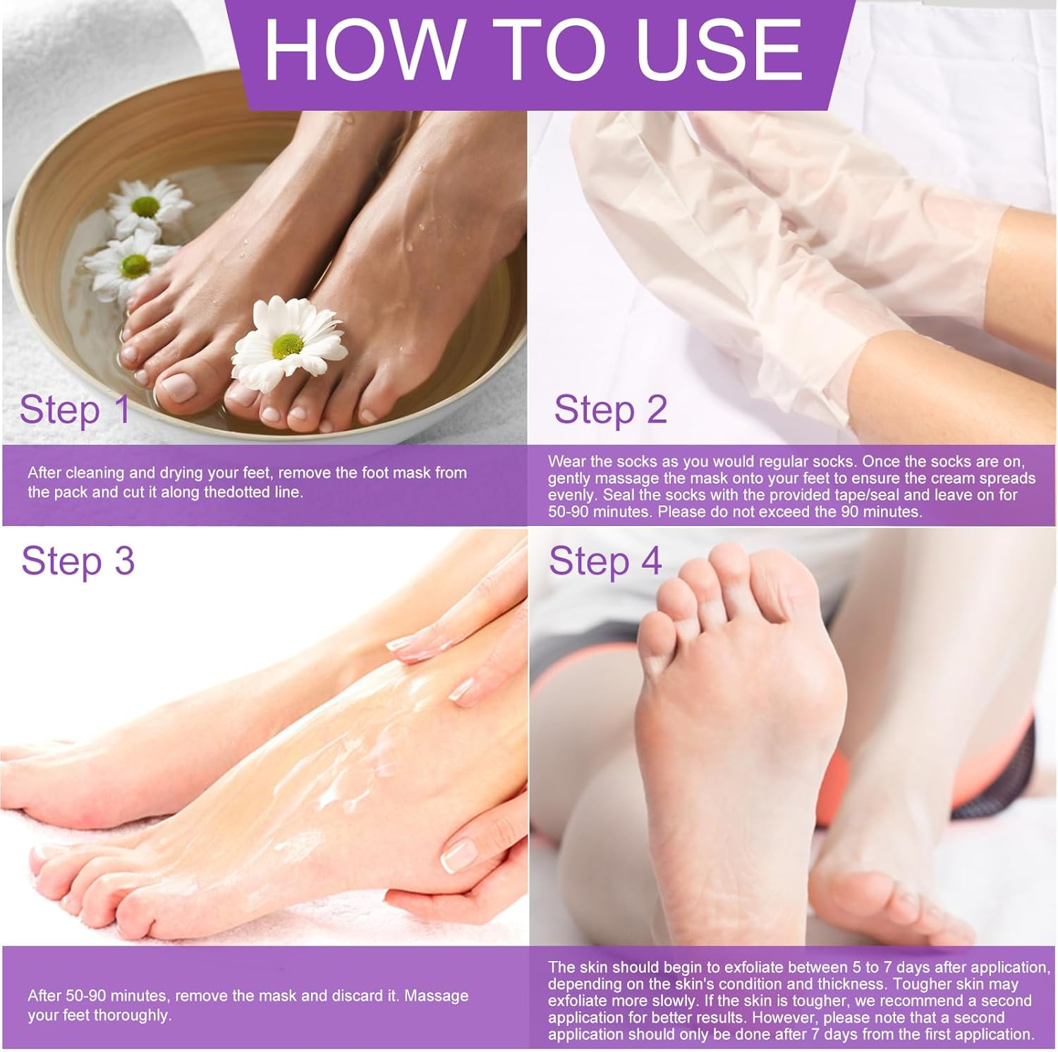 Foot Peel Mask 4 Pack, Exfoliator Peel off Calluses, Exfoliating Foot Care,Foot Exfoliator Repair Dry Cracked Feet,Peeling Away Dead Skin, Calluses, Dead Skin Callus Remover, Baby Soft Smooth Touch Feet-Men Women (Lavender) image number 4