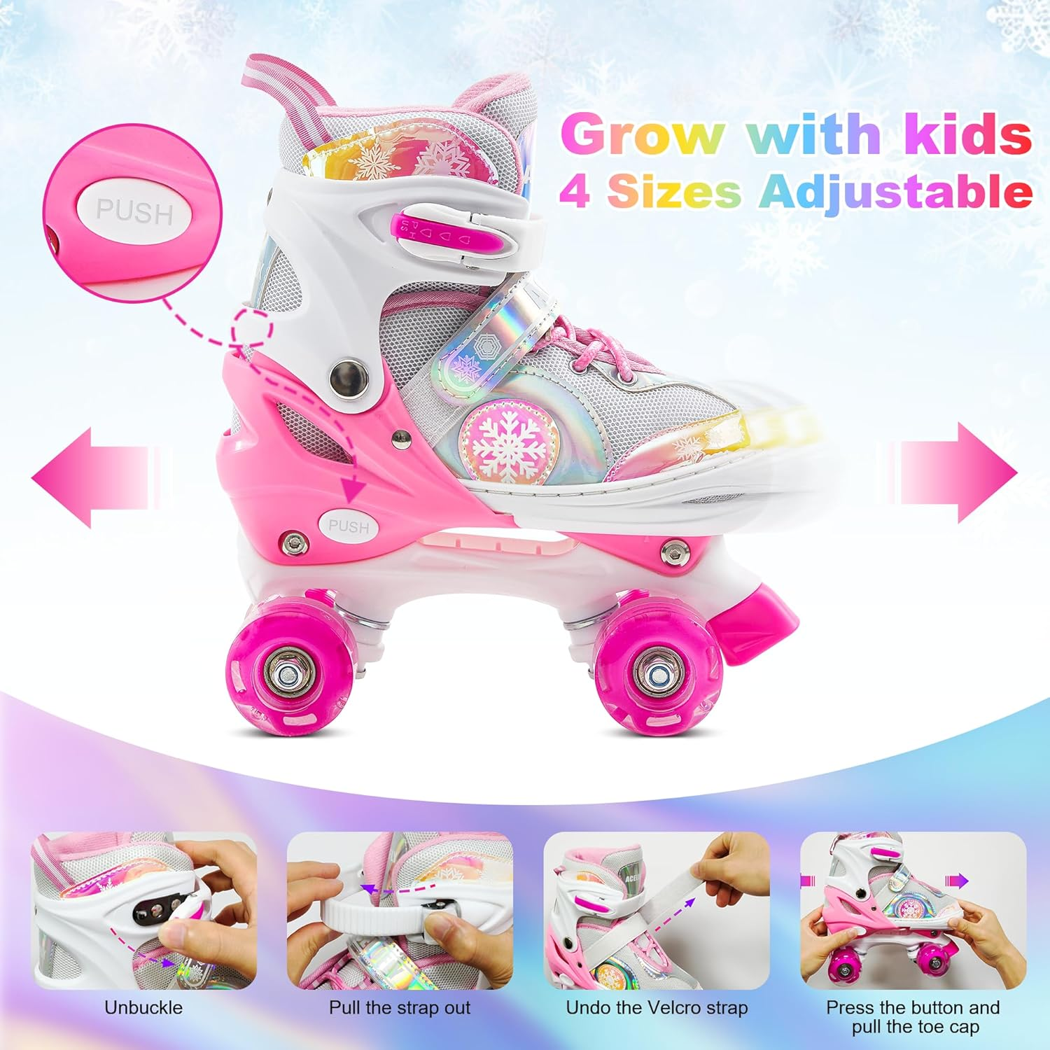 Acelufly Roller Skates for Girls Kids Beginners, Adjustable Quad Skates with All Light up Wheels image number 4