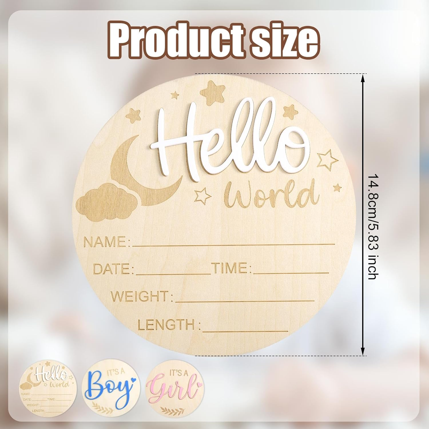 3Pcs Baby Announcement Sign, 5.83 Inch Gender Reveal Wooden Sign Acrylic Hello World Newborn Birth Baby Name Plaques It&rsquo;S a Boy It&rsquo;S a Girl Baby Arrival Sign for Hospital Baby Show image number 2
