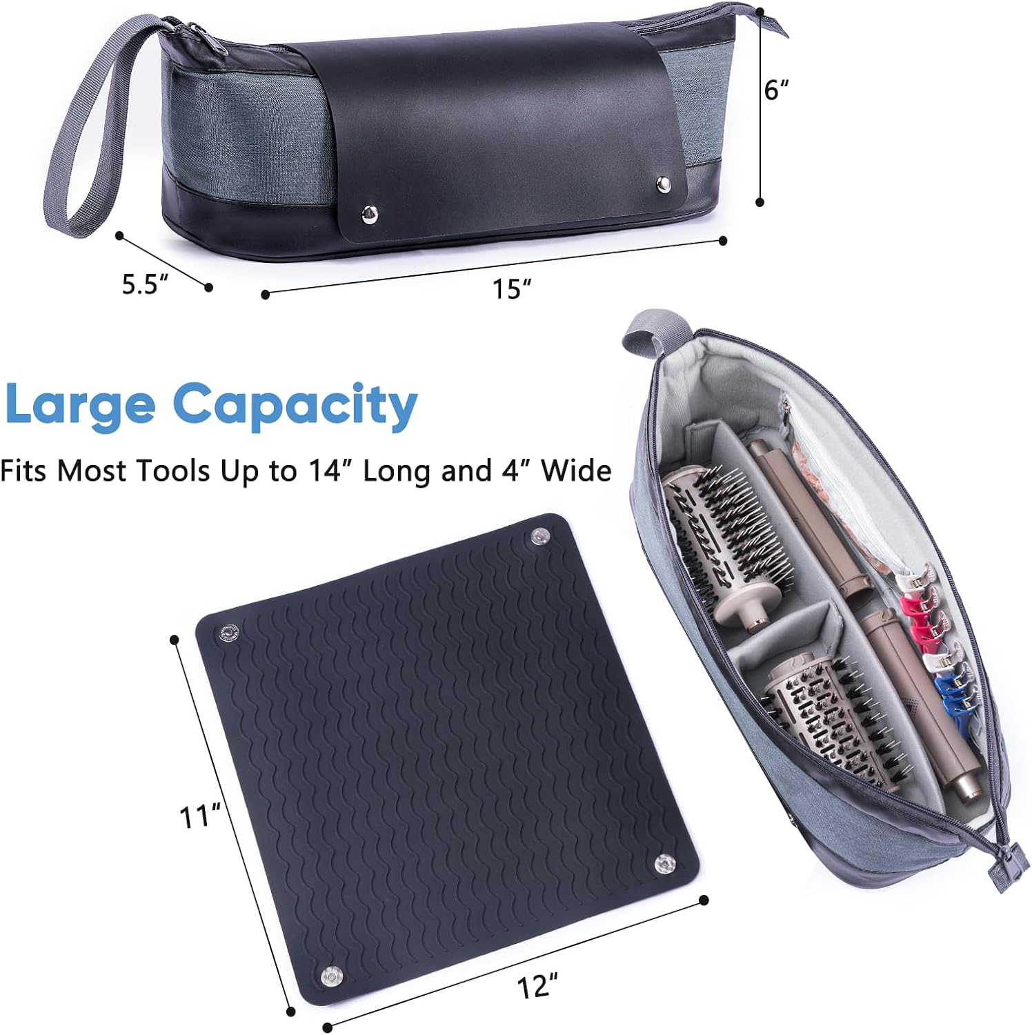 ELCUPA 2IN1 Hair Tools Travel Bag with Removable Heat Resistant Mat Curling Iron Travel Case, Hair Dryer Organizer for Flat Irons, Straighteners and Haircare Accessories, Hot Tools Travel Bag Hair