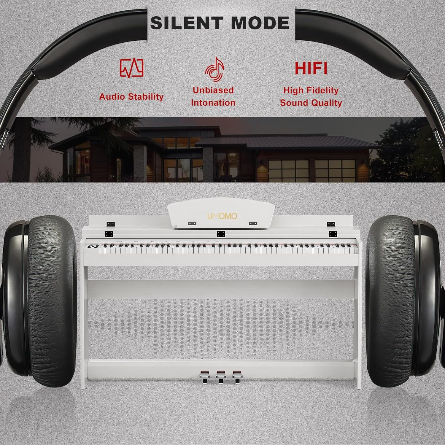 UMOMO U-710 Digital Piano with Duet Bench, 88 Key Electric Piano for Beginner/Adults with Padded Piano Bench+Music Stand+Power Adapter+3-Pedal Board+Instruction Book+Headphone Jack, White image number 4