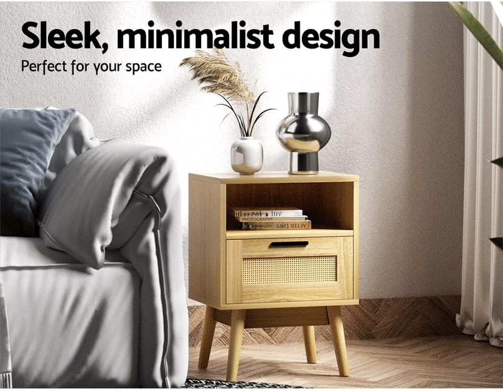 Artiss Bedside Table Rattan Bed Side Tables Storage Small Narrow Desk Chest of Drawers, with 1 Drawer and Shelf, Bedroom Living Room Home Furniture Tallboy Lamp Stand Nightstand Cabinet in 54Cm Height image number 5