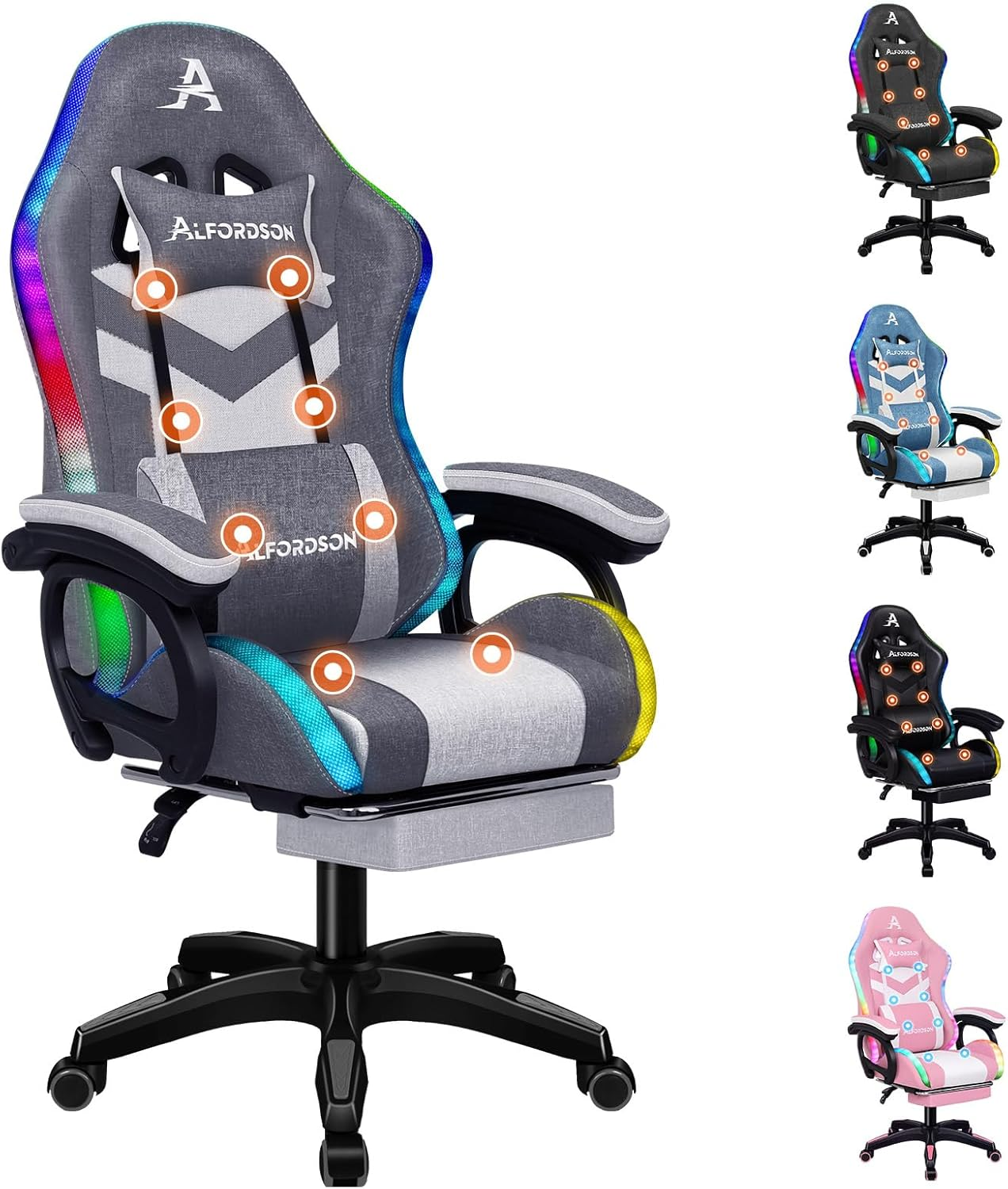 ALFORDSON Gaming Office Chair with 12 RGB LED Lights & 8 Point Massage, Racing Computer Chair with Lumbar Support & Retractable Footrest, Ergonomic Desk Chair with PU Leather Seat Office Gamer (Pink)