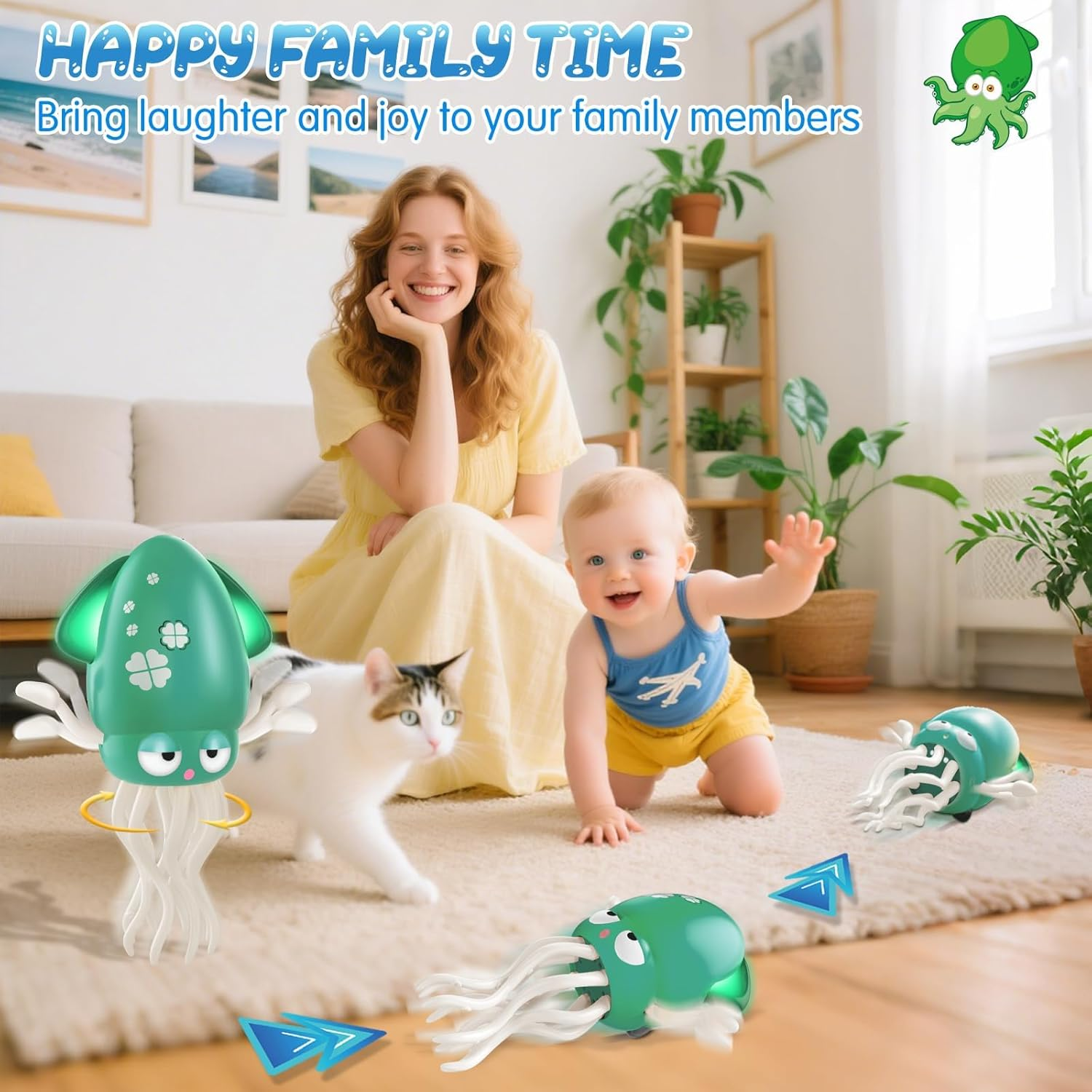 Dancing Squid Tummy Time Toy &ndash; Electric Crawling Octopus Baby Toy, LED Lights & Music (Green) image number 2
